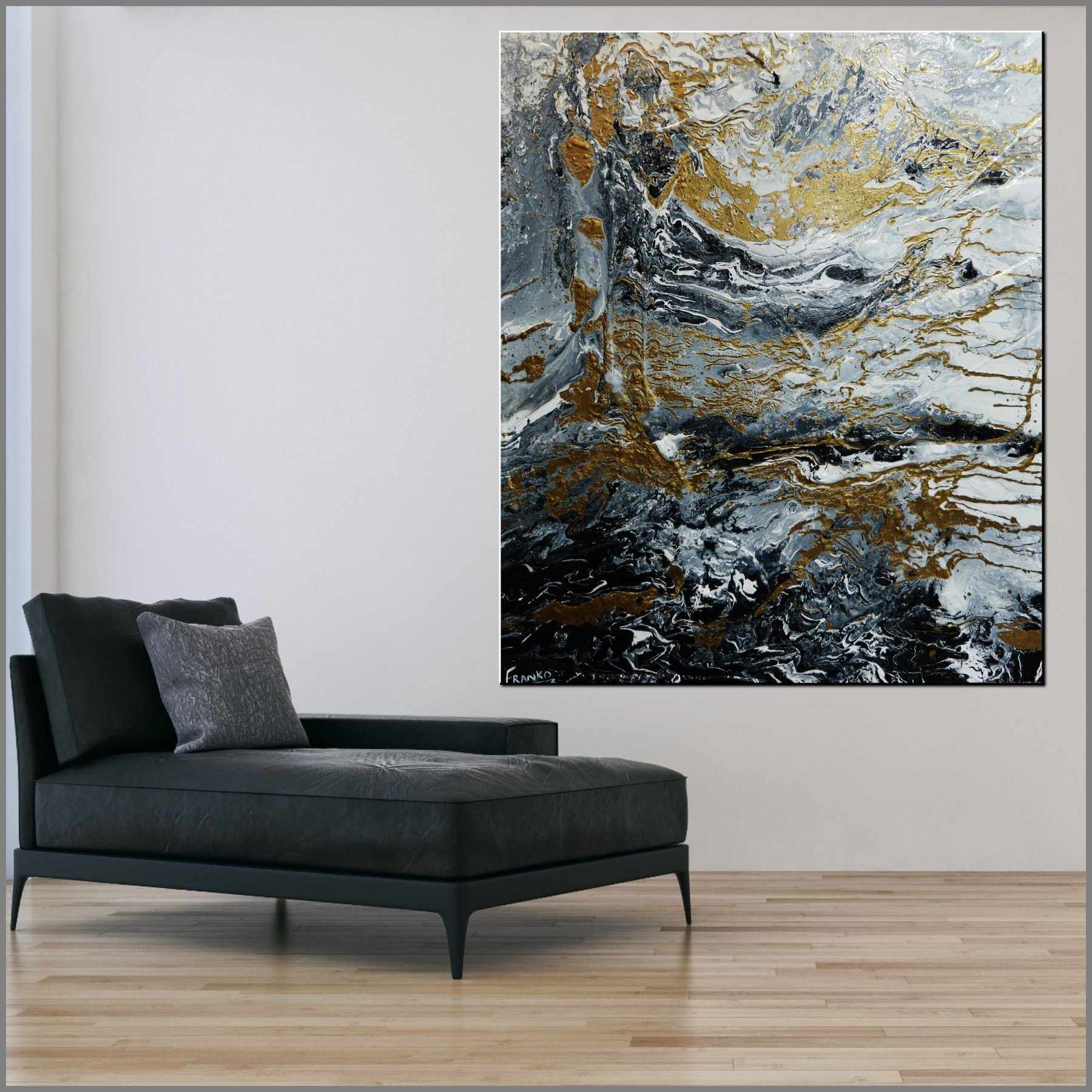 Golden Interlude 120cm x 100cm Grey Black Gold Textured Abstract Canvas Wall Art - Modern Home Decor for Living Room, Bedroom & Office