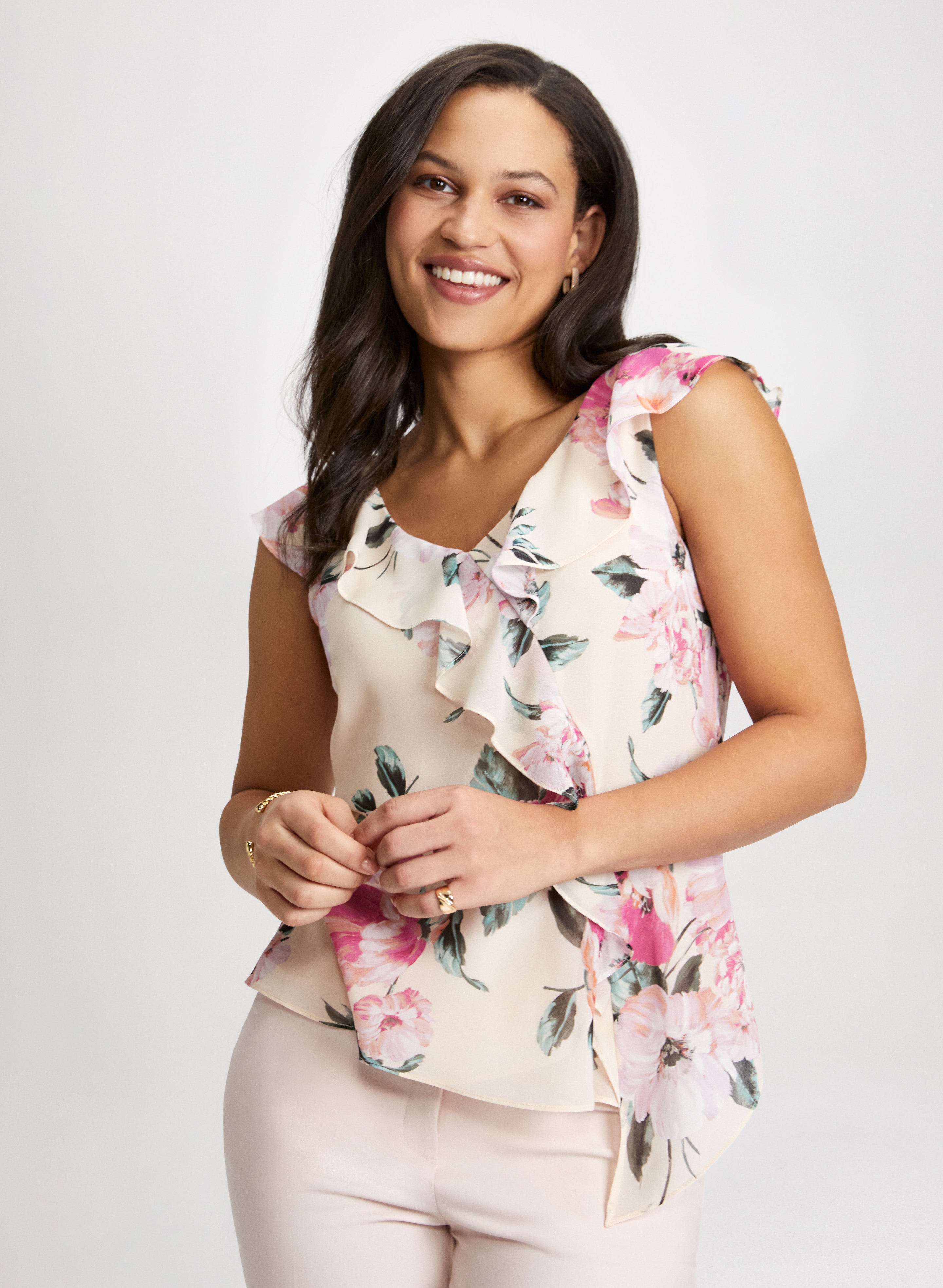 Floral Print Ruffle Blouse for Women - Elegant Flowy Tops with Ruffled Sleeves - Perfect for Spring Summer Outfits, Office Wear & Date Nights