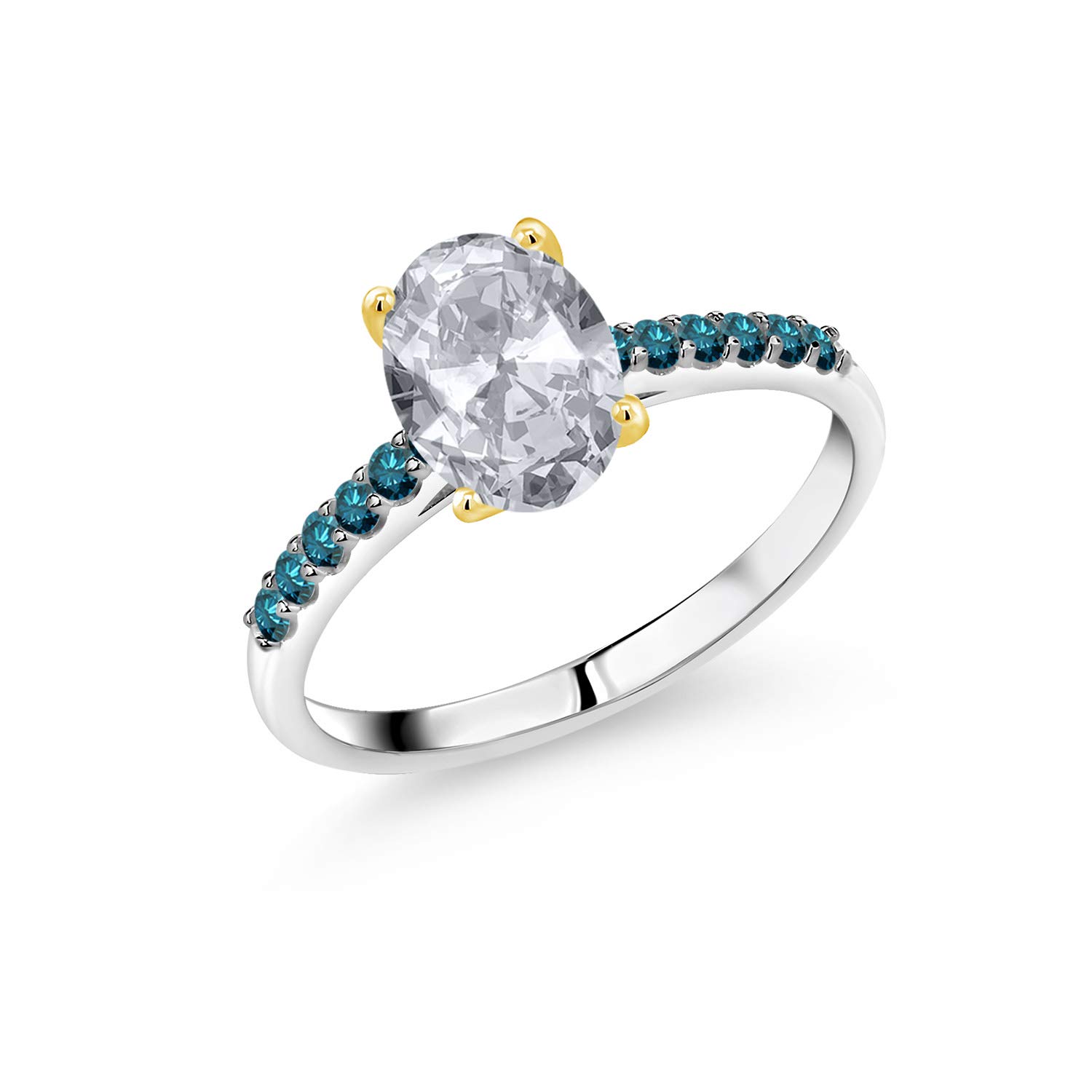 1.70 Ct Natural White Topaz & Blue Diamond Ring in 10K White Gold with Yellow Gold Prongs – Elegant Wedding, Engagement & Anniversary Jewelry Gift for Women