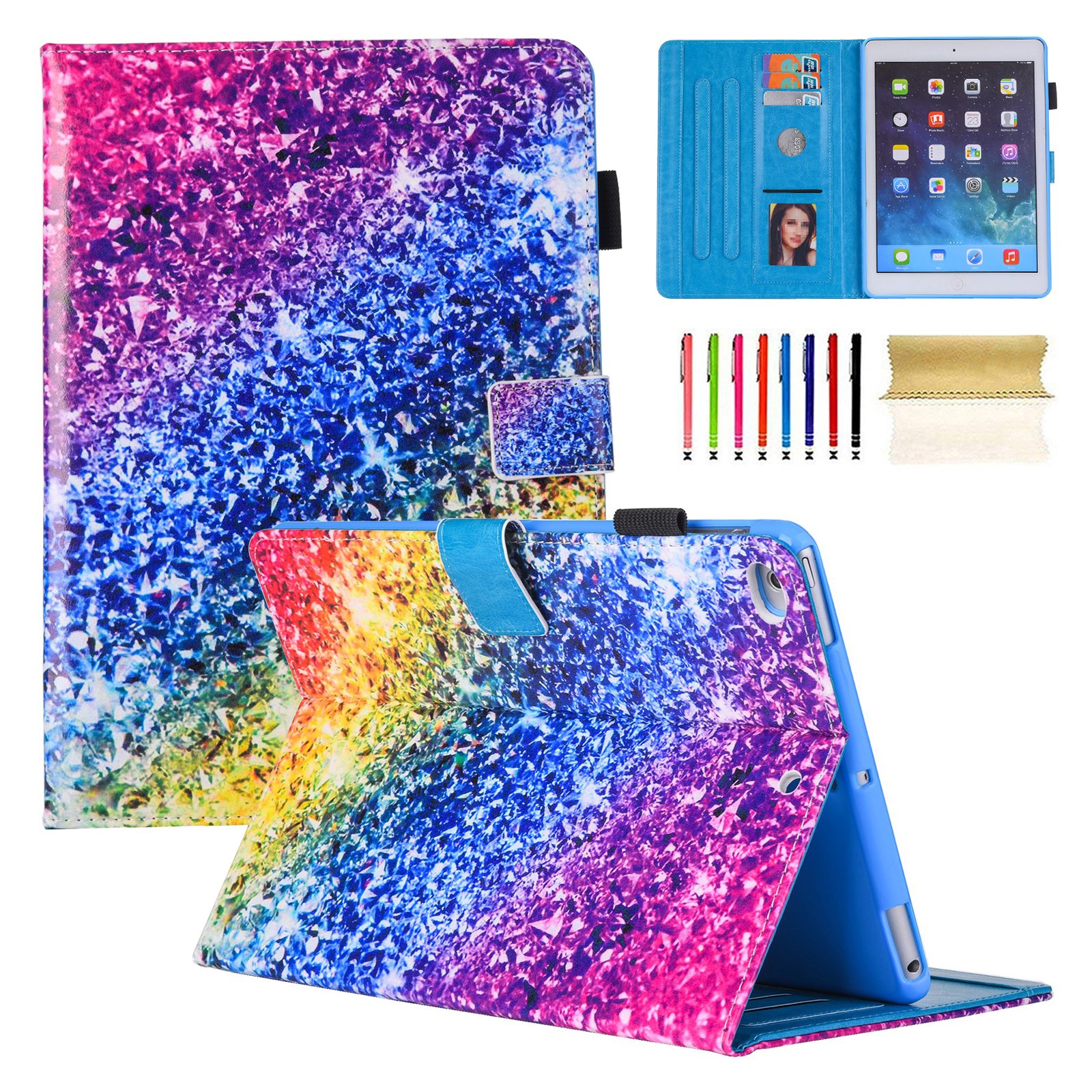 Casii Ultra Slim Lightweight Smart PU Leather Folio Stand Case for iPad 5th/6th Gen (2018/2017) & iPad Air/Air 2 (9.7 Inch) - Auto Sleep/Wake, Card Slots & Pencil Holder | Perfect for Work, Study & Travel (Colorful Diamond Design)