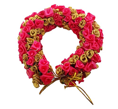 Iyaan Hair Gajra Flowers - Pink & Golden Hair Accessories for Women & Girls - Traditional Indian Hair Bun Decorations for Weddings, Festivals & Special Occasions