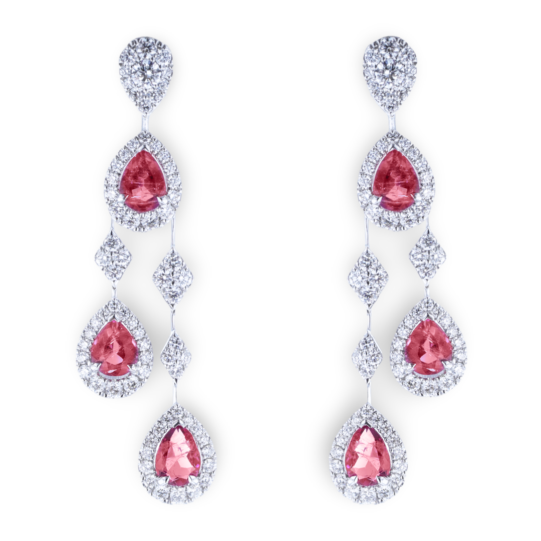 18KT White Gold 0.61CTW Red Emerald & 0.65CTW Diamond Drop Earrings for Women - Elegant Dangle Jewelry for Weddings, Parties & Special Occasions