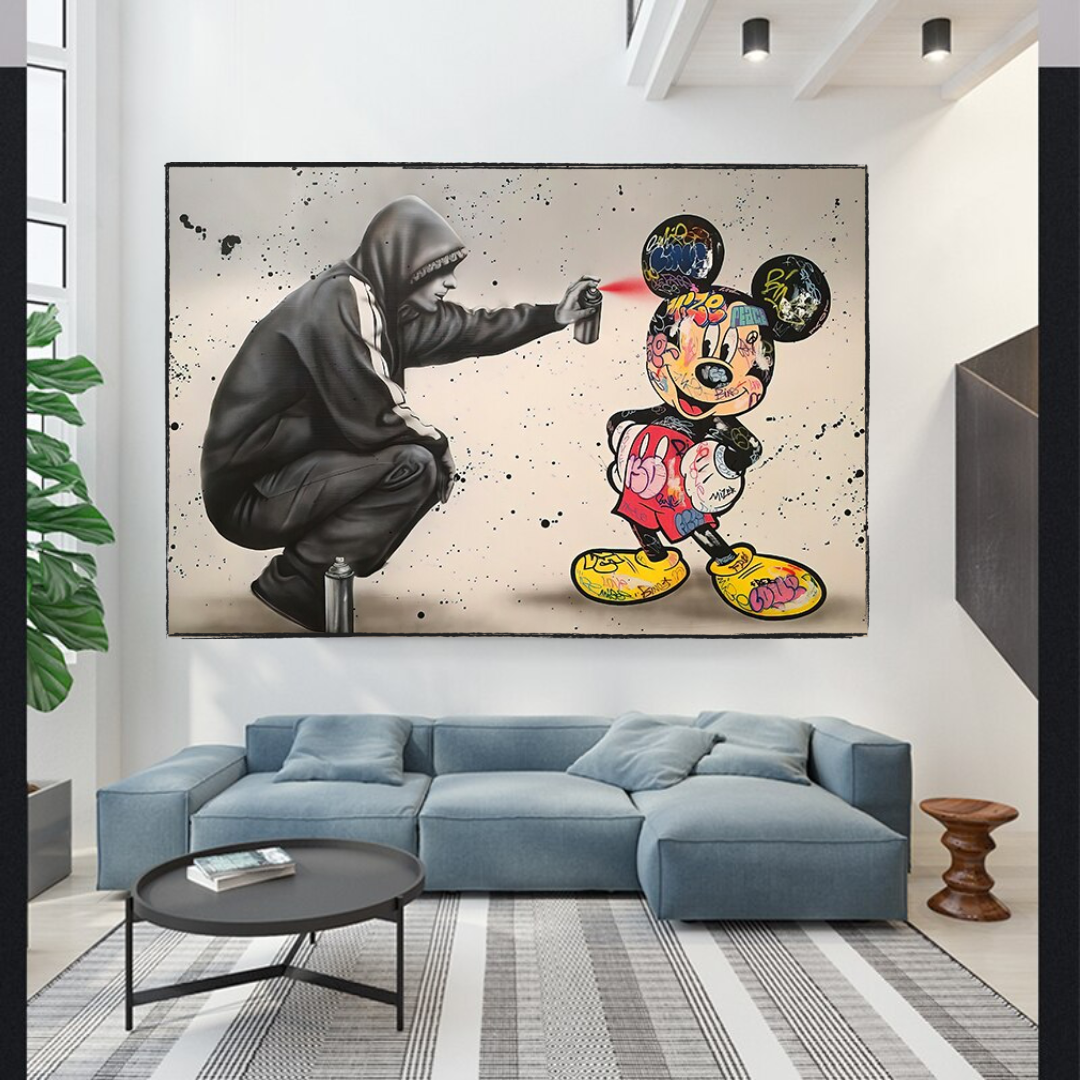 Banksy Mickey Mouse Spray Painted Canvas Wall Art - Urban Street Art Print for Modern Home & Office Decor | Perfect for Living Room, Bedroom & Studio Wall Display