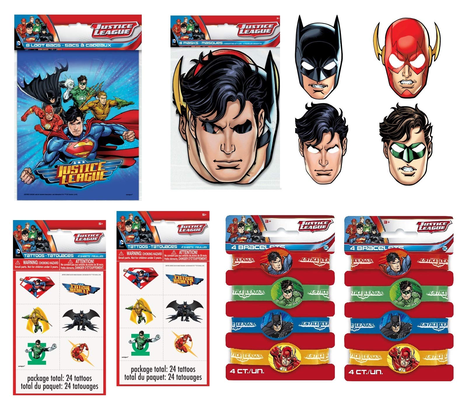 Justice League Batman Superman Flash Aquaman Kids Party Supplies Set - 72pc Masks, Treat Bags, Bracelets & Temporary Tattoos for Superhero Birthday Decorations & Favor Gifts