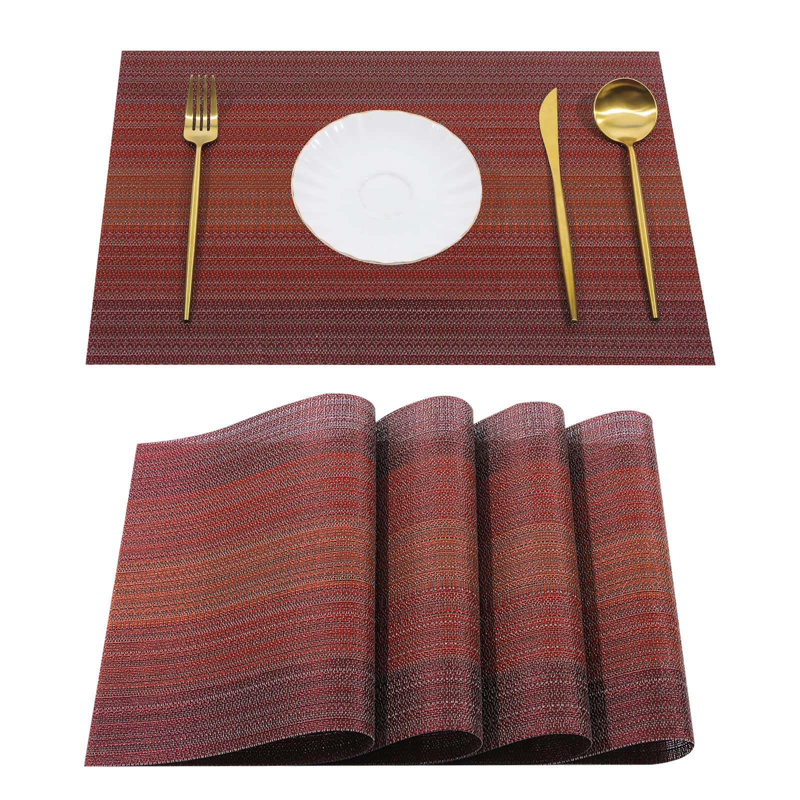 Pauwer Woven Placemats Set of 4 - Heat Resistant Washable Vinyl Table Mats for Dining, Indoor & Outdoor Use - Perfect for Kids, Families & Entertaining - Red