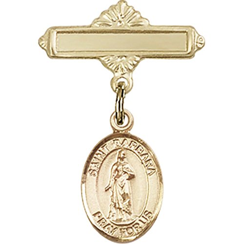 1 X 5/8 Inch Gold Filled Baby Badge with St. Barbara Charm & Polished Badge Pin - Perfect for Christening Gifts, Baby Showers & Religious Jewelry Collections