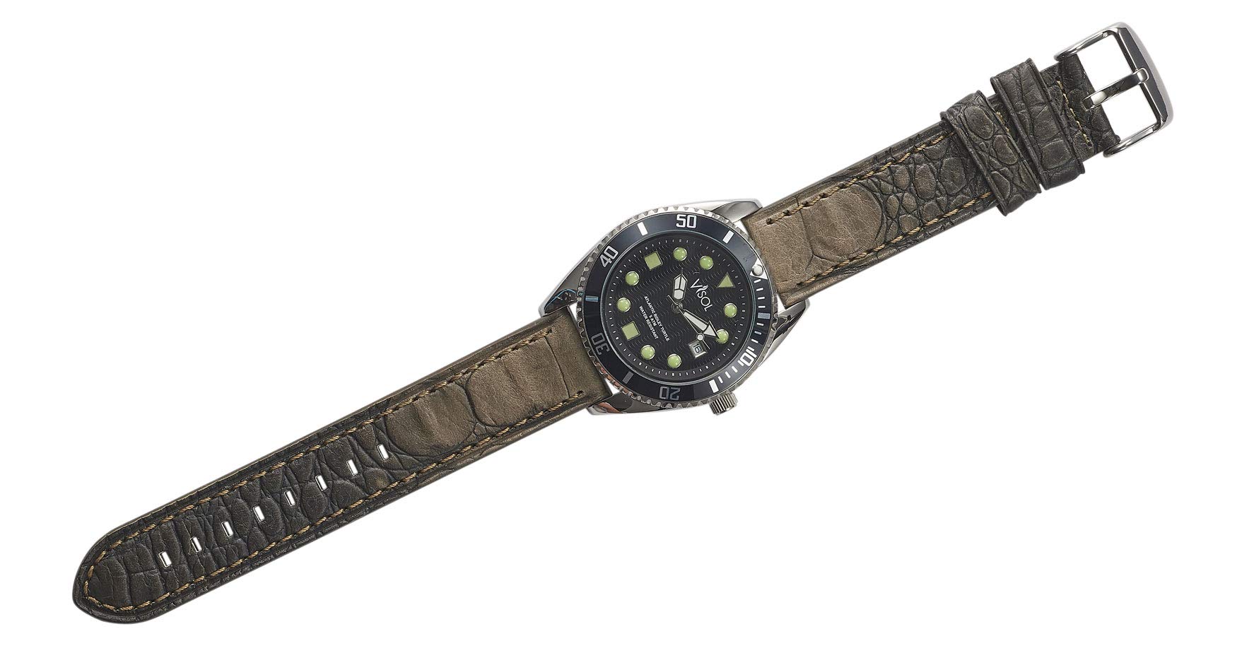 Visol Personalized Dantes Polished Chrome & Green Leather Wrist Watch - Free Laser Engraving - Luxury Men's Dress Watch for Business, Wedding & Formal Occasions