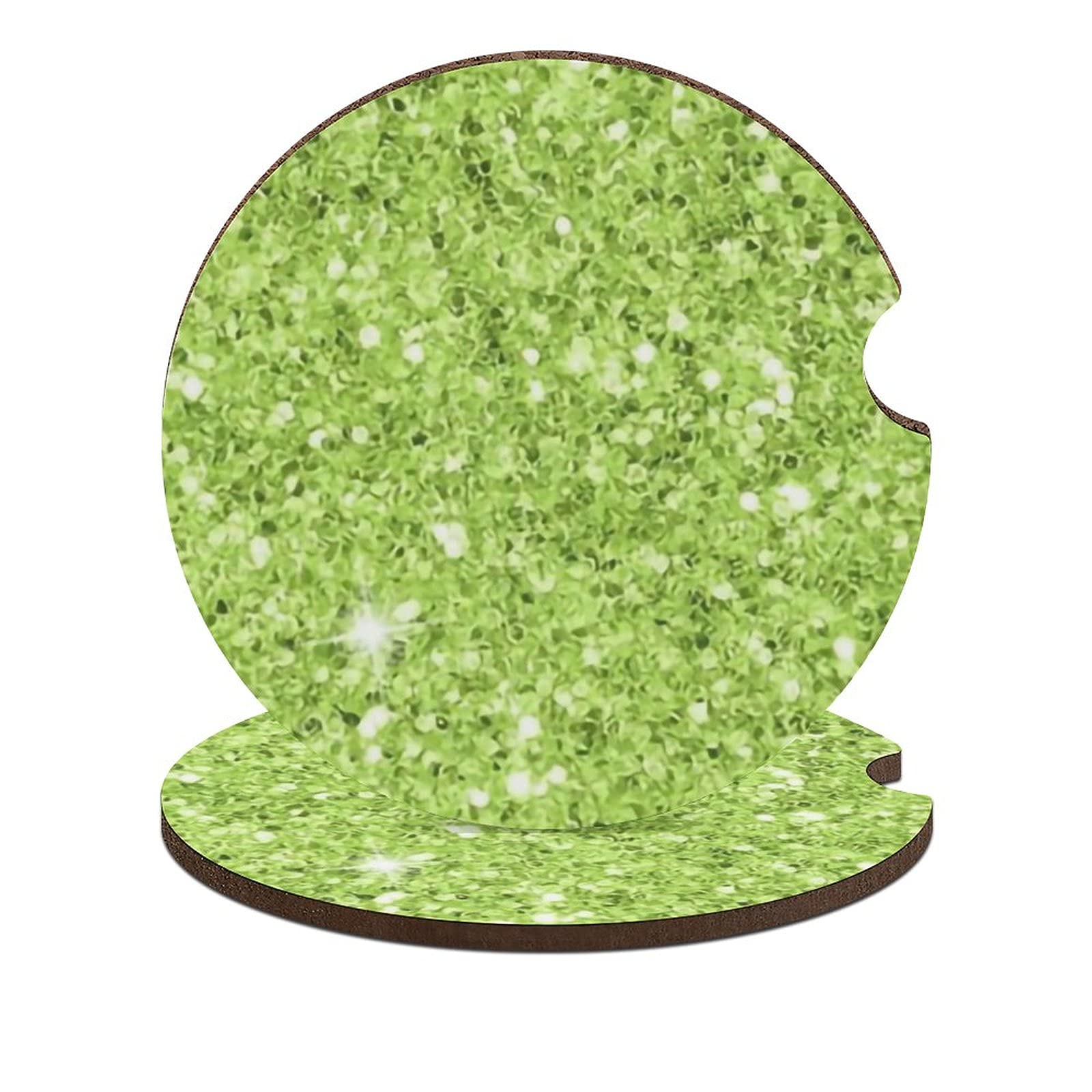 Lime Green Glitter Car Coasters (2-Pack) - Non-Slip Cup Holder Mats for Cars, Auto Accessories for Women & Men - Perfect Gift with Removable Finger Notch (2.6 Inch) - Ideal for Coffee, Drinks & Road Trips