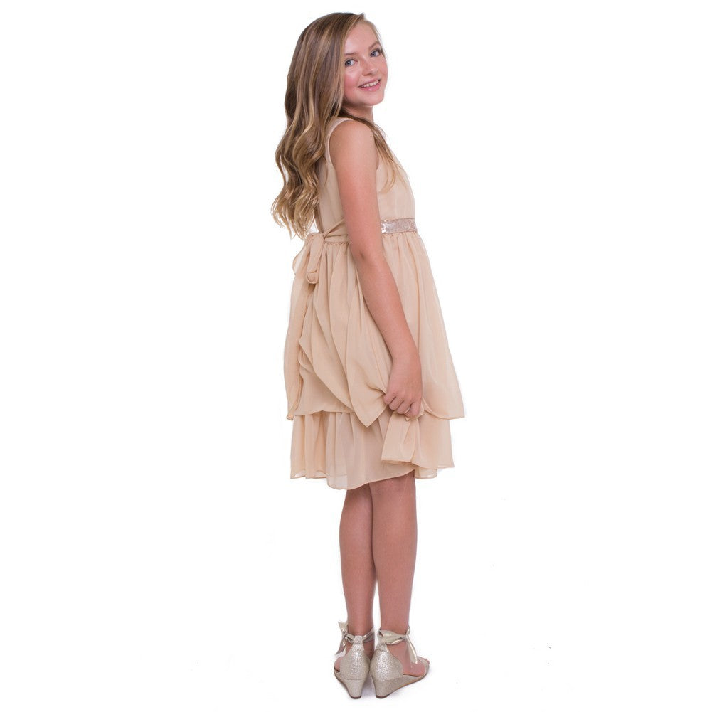 Elegant Champagne Chiffon Sequined Junior Bridesmaid Dress for Big Girls Size 8-16 | Perfect for Weddings, Prom & Formal Events