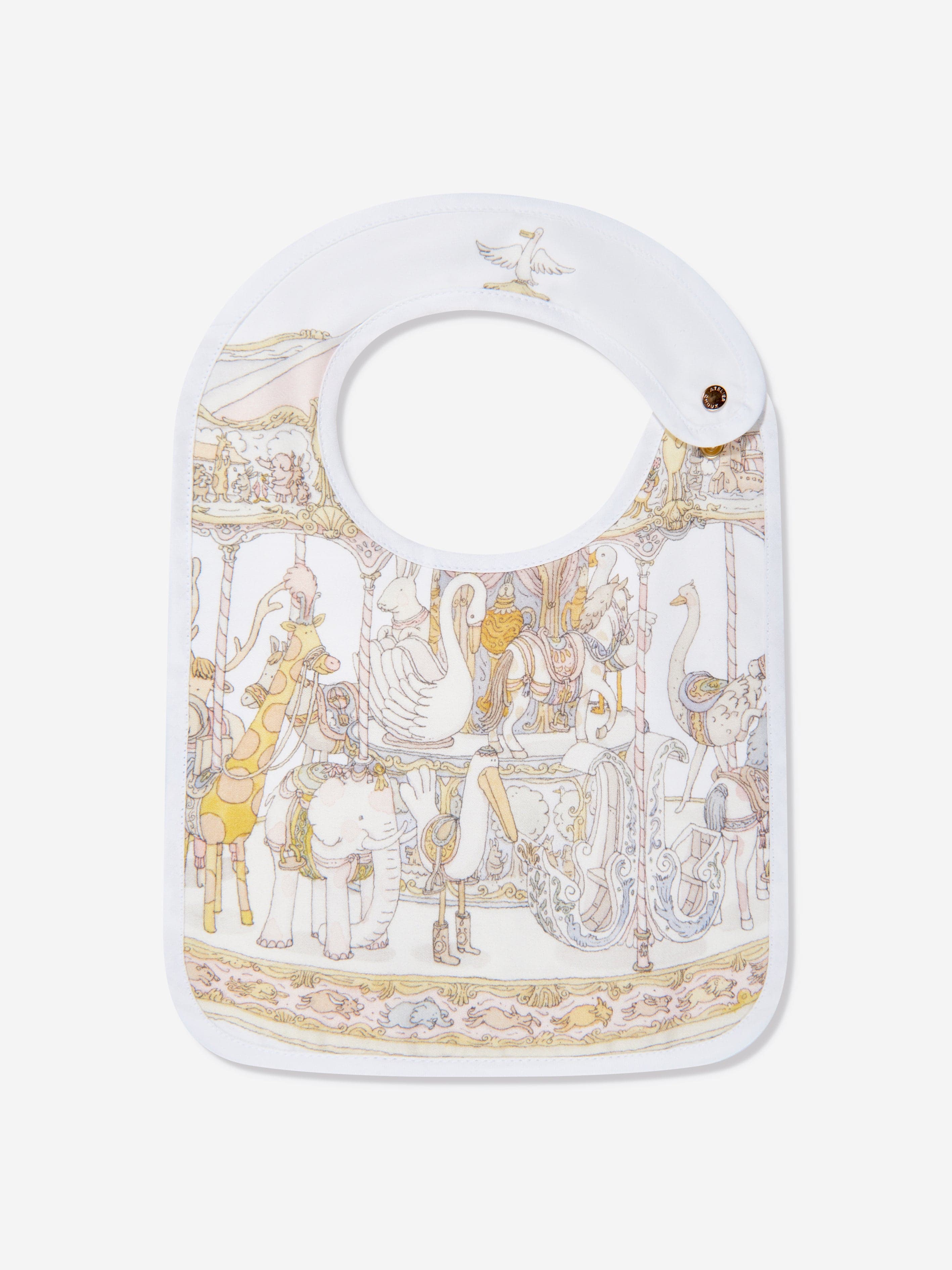 Atelier Choux Pink Satin Baby Bib for Girls - Soft & Absorbent Feeding Bib with Carousel Design - Perfect for Mealtime, Travel & Photo Shoots