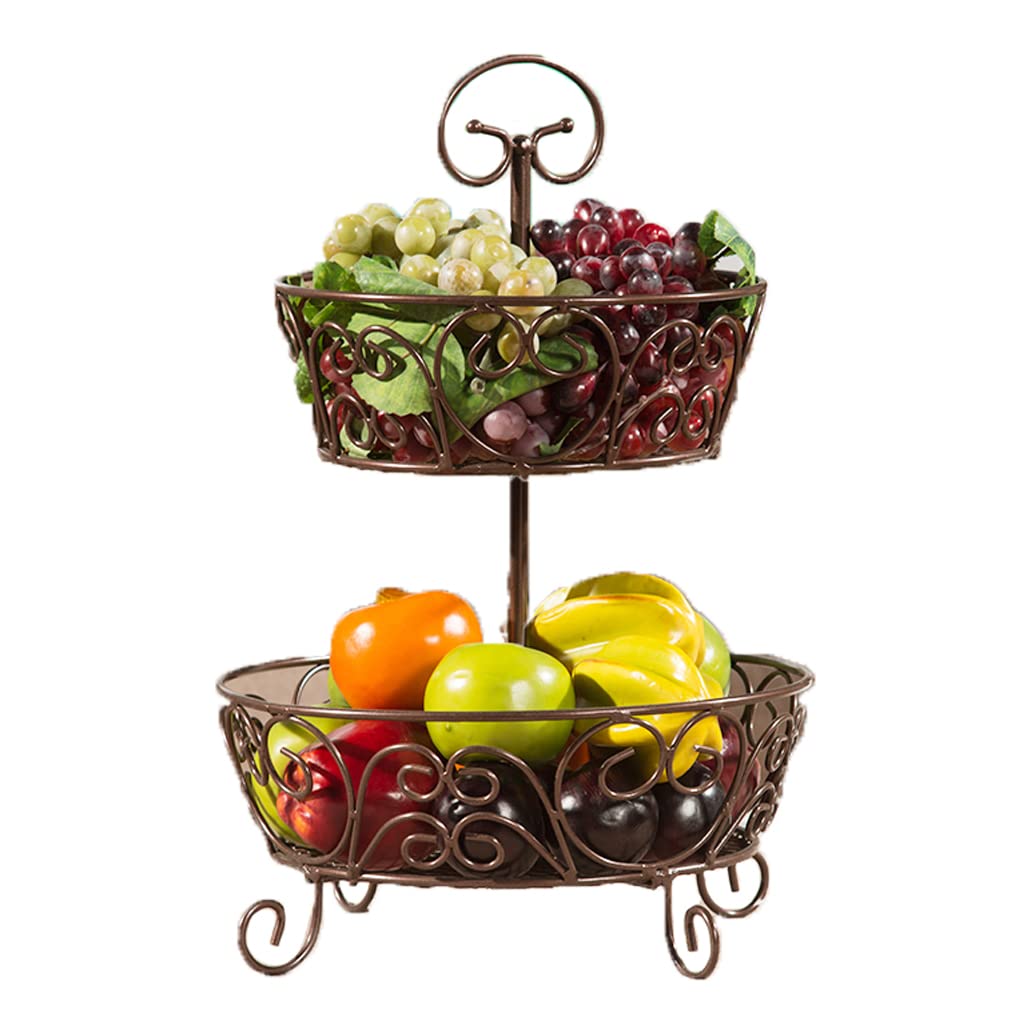 2-Tier Wrought Iron Fruit Basket Stand - Large Capacity Modern Tabletop Storage for Fruits & Snacks | Portable Bronze Kitchen Decor | Perfect for Dining Table Centerpiece & Party Serving