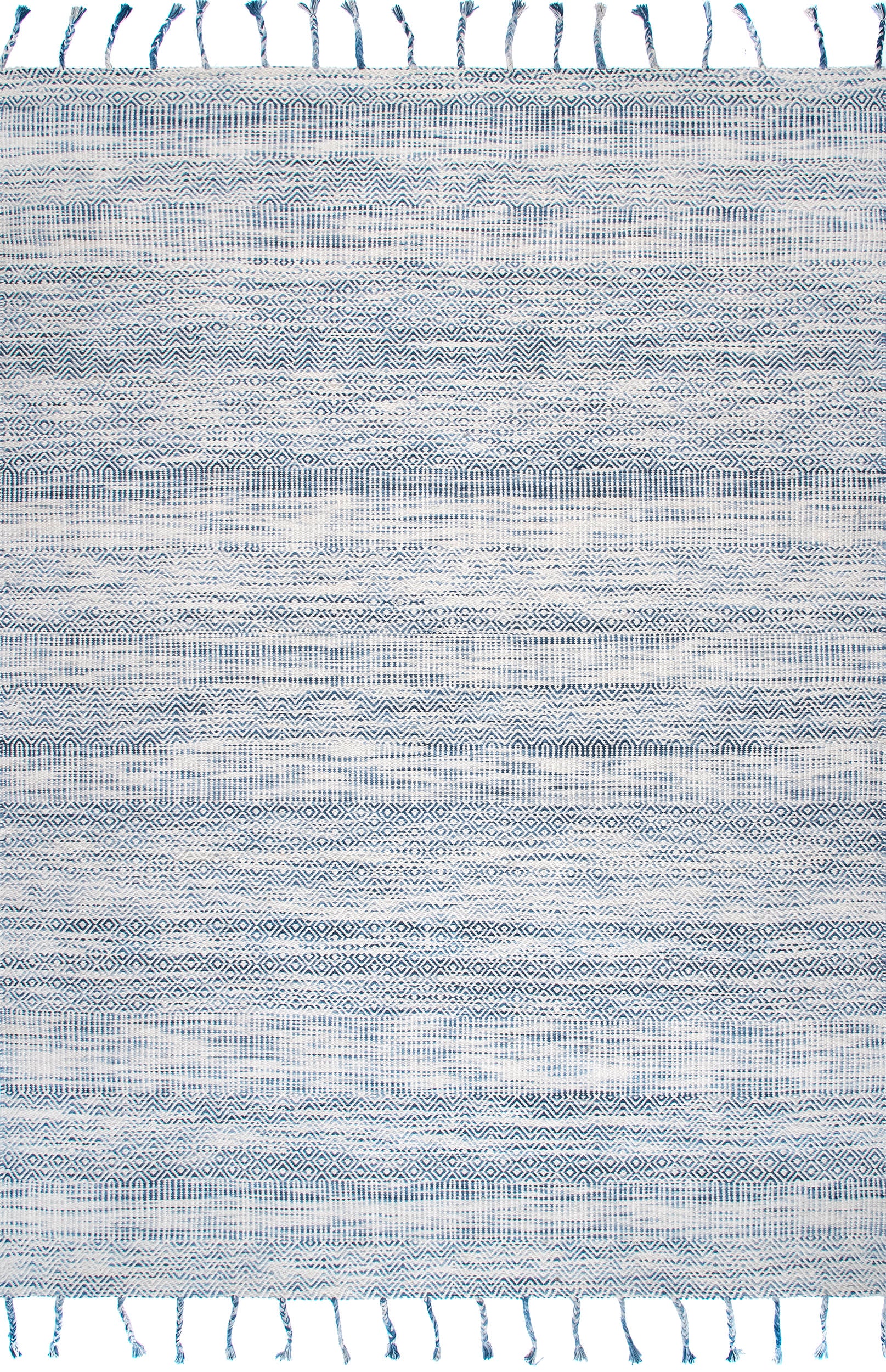 Blue Diamond Chevron Bands Tasseled Rug - Boho Chic Area Rug for Living Room, Bedroom & Nursery Decor