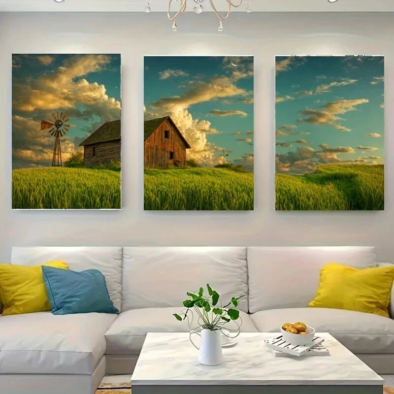 3-Piece Rustic Wooden House on Grasses Metal Wall Art Print - Ready to Hang Home Decor for Living Room, Bedroom & Office