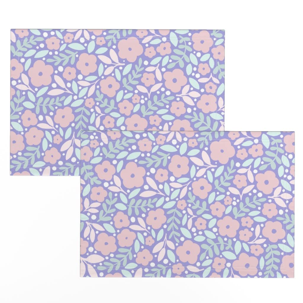Spoonflower Linen Cotton Canvas Placemats Set of 2 - Floral Pink Purple Spring Baby Print Washable Table Mats for Dining Room, Kitchen Decor, Party & Holiday Table Setting