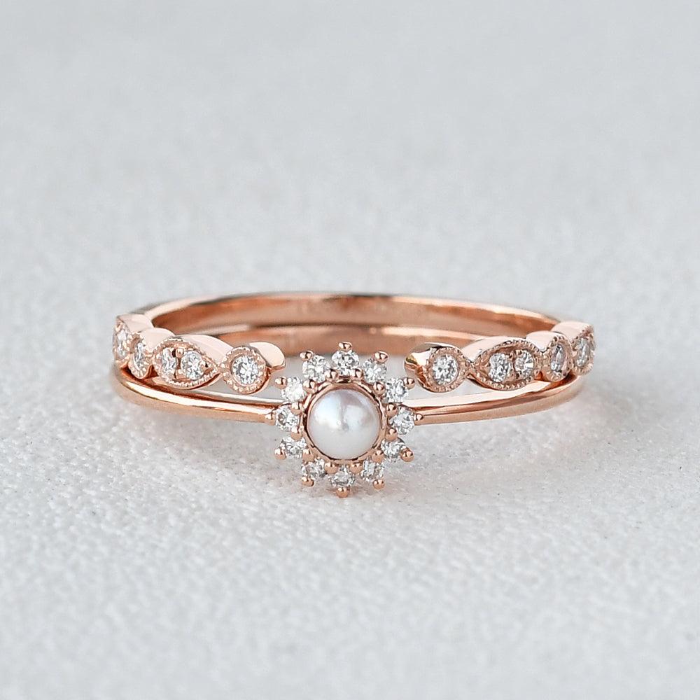 Mini Akoya Pearl Rose Gold Ring Set - 2 Piece Stackable Rings for Women, Elegant Jewelry Gift for Her - Perfect for Weddings, Anniversaries & Special Occasions