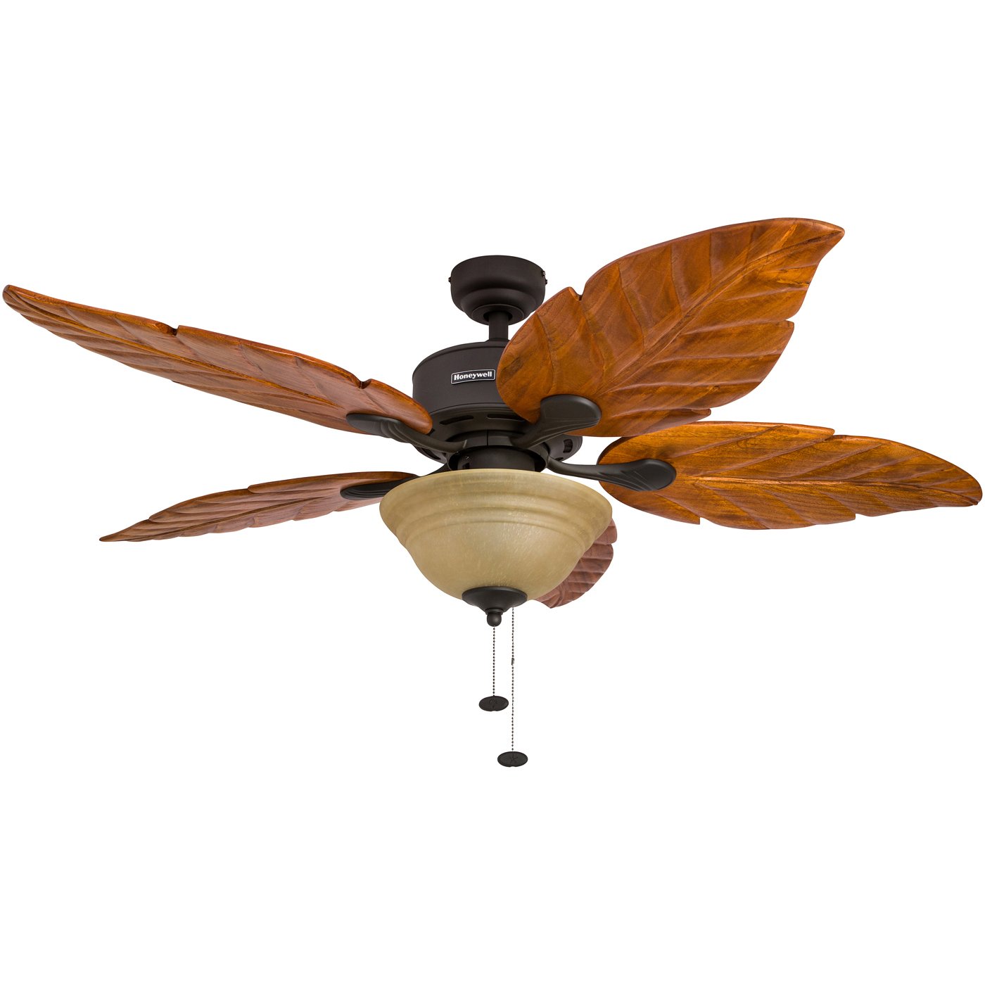 Honeywell 52 Inch Royal Palm Tropical Ceiling Fan with LED Light, Pull Chain, 3 Mounting Options & Hand Carved Solid Wood Blades - Indoor/Outdoor Use for Bedroom, Living Room, Patio (Bronze, Model 50204-01)