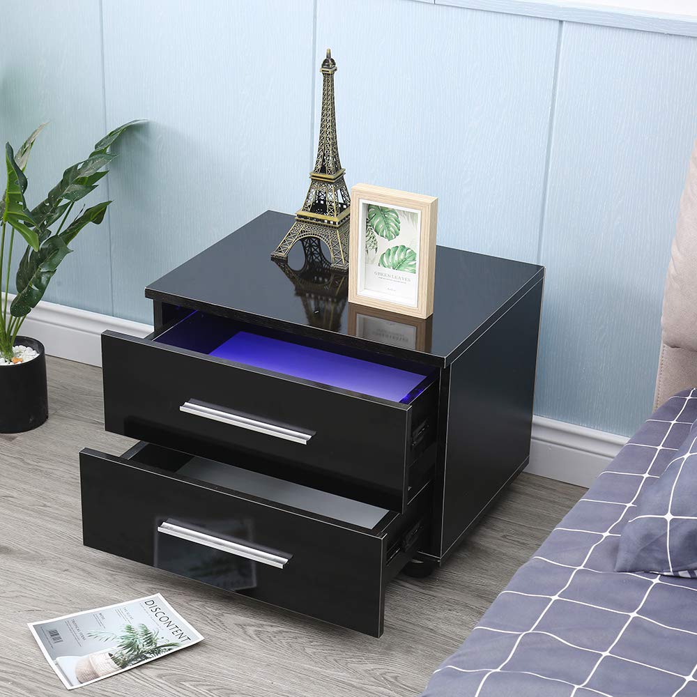 Modern LED Nightstand with Multi-Color Lights & Remote Control - High Gloss Black Bedside Table with Storage Drawers - Perfect for Bedroom, Living Room & Small Spaces