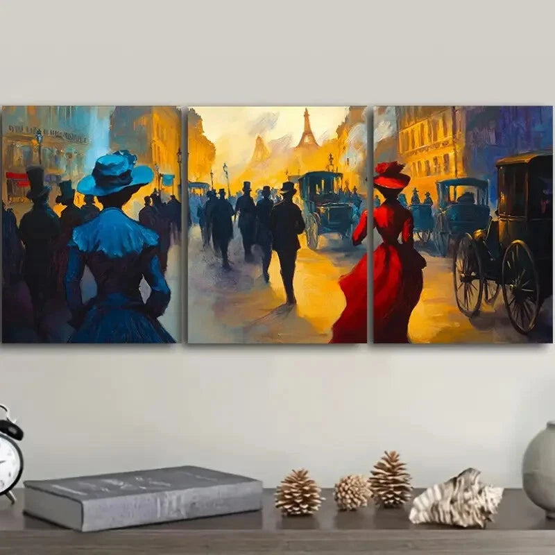 3-Piece People in the Market Art Painting - Metal Wall Art Prints Ready to Hang - Modern Home & Office Decor for Living Room, Bedroom or Dining Area