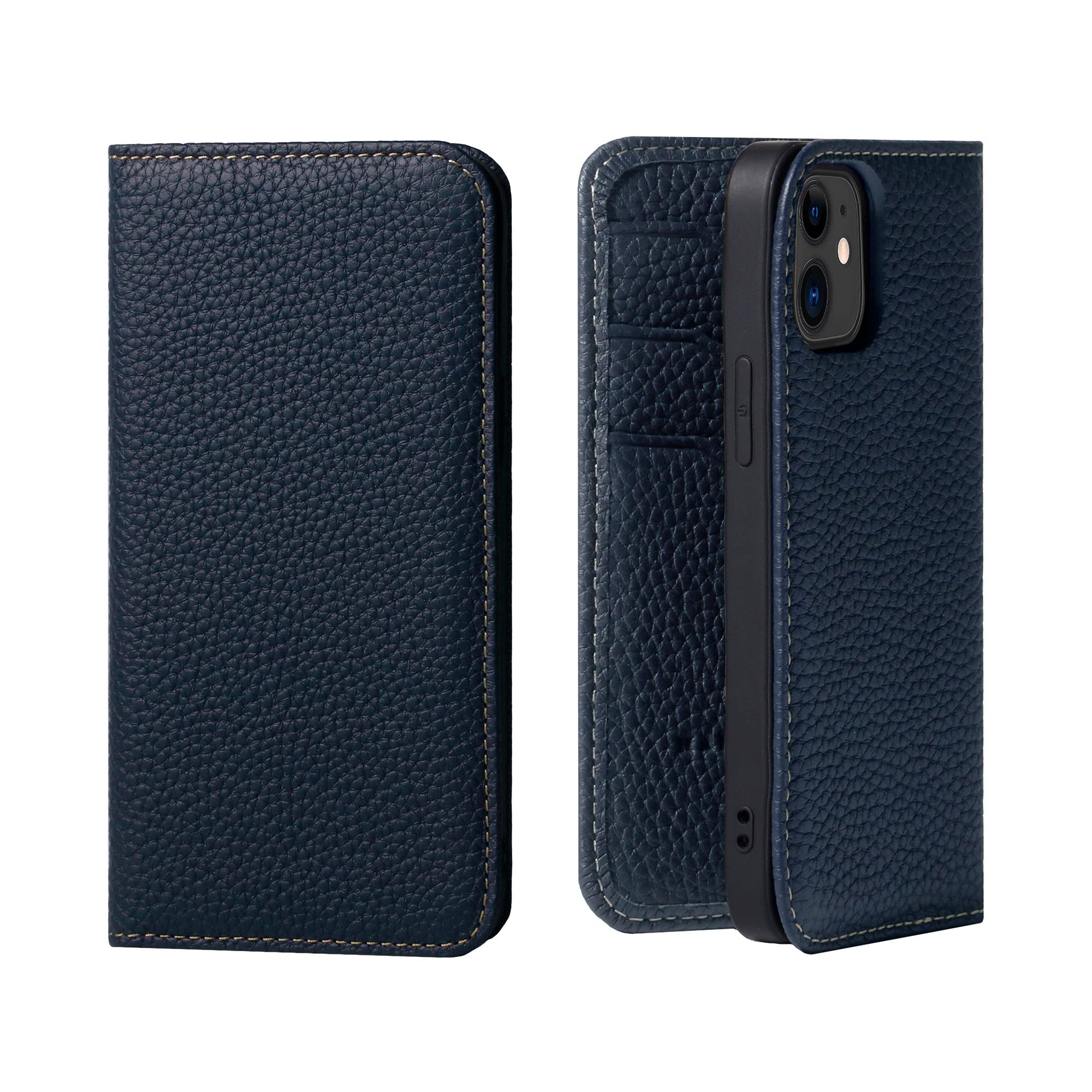 Genuine Calfskin Leather Wallet Case for iPhone 12 Mini with Magsafe Compatibility - Flip Cover with Card Holder Slots - Premium Japanese Smartphone Case in Blue Indigo - Perfect for Everyday Use, Business & Travel