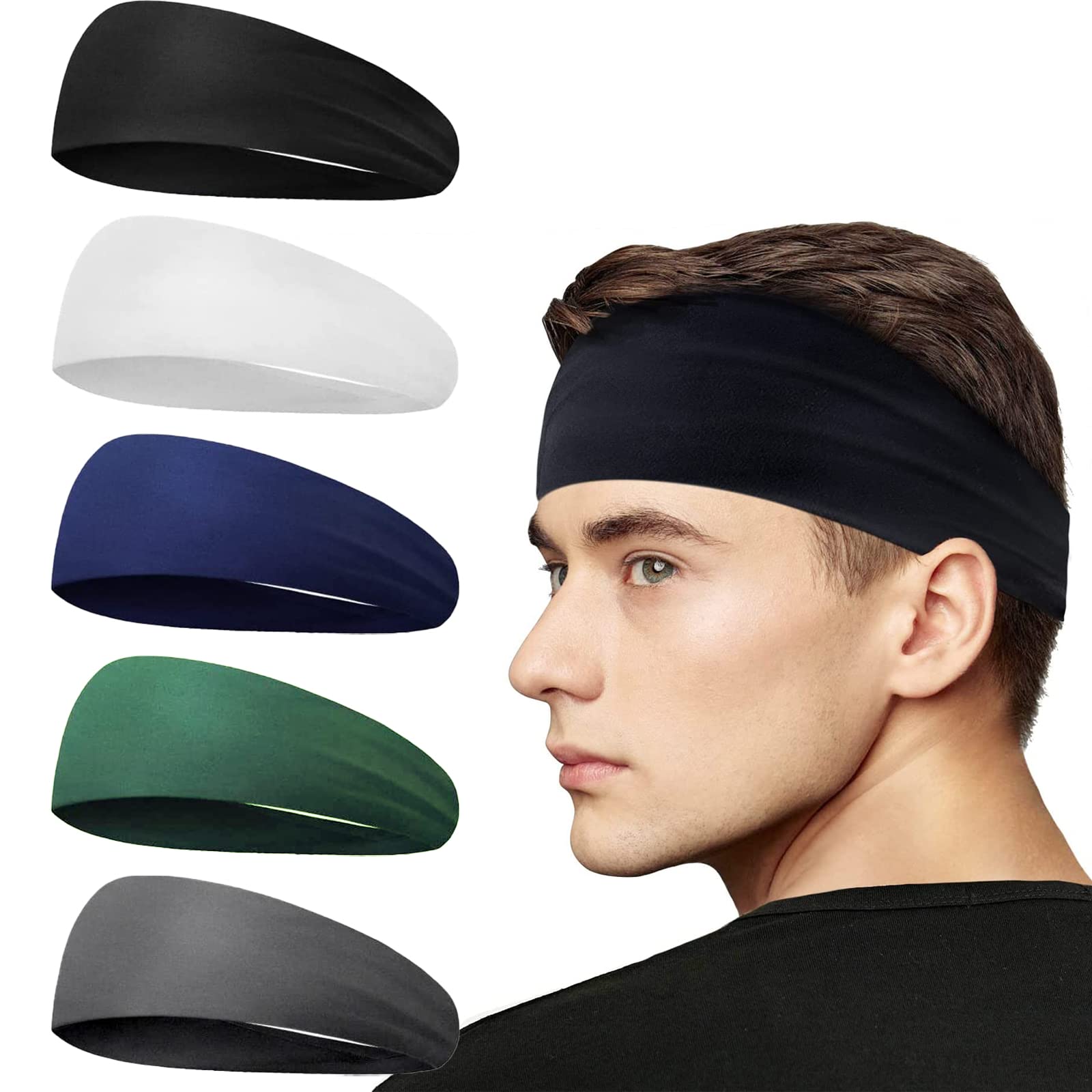5-Pack Moisture-Wicking Sports Headbands for Men & Women - Breathable Quick-Dry Elastic Head Sweatbands for Running, Cycling, Yoga, Tennis, Basketball & Gym Workouts - Stay Cool During Intense Exercise & Outdoor Activities
