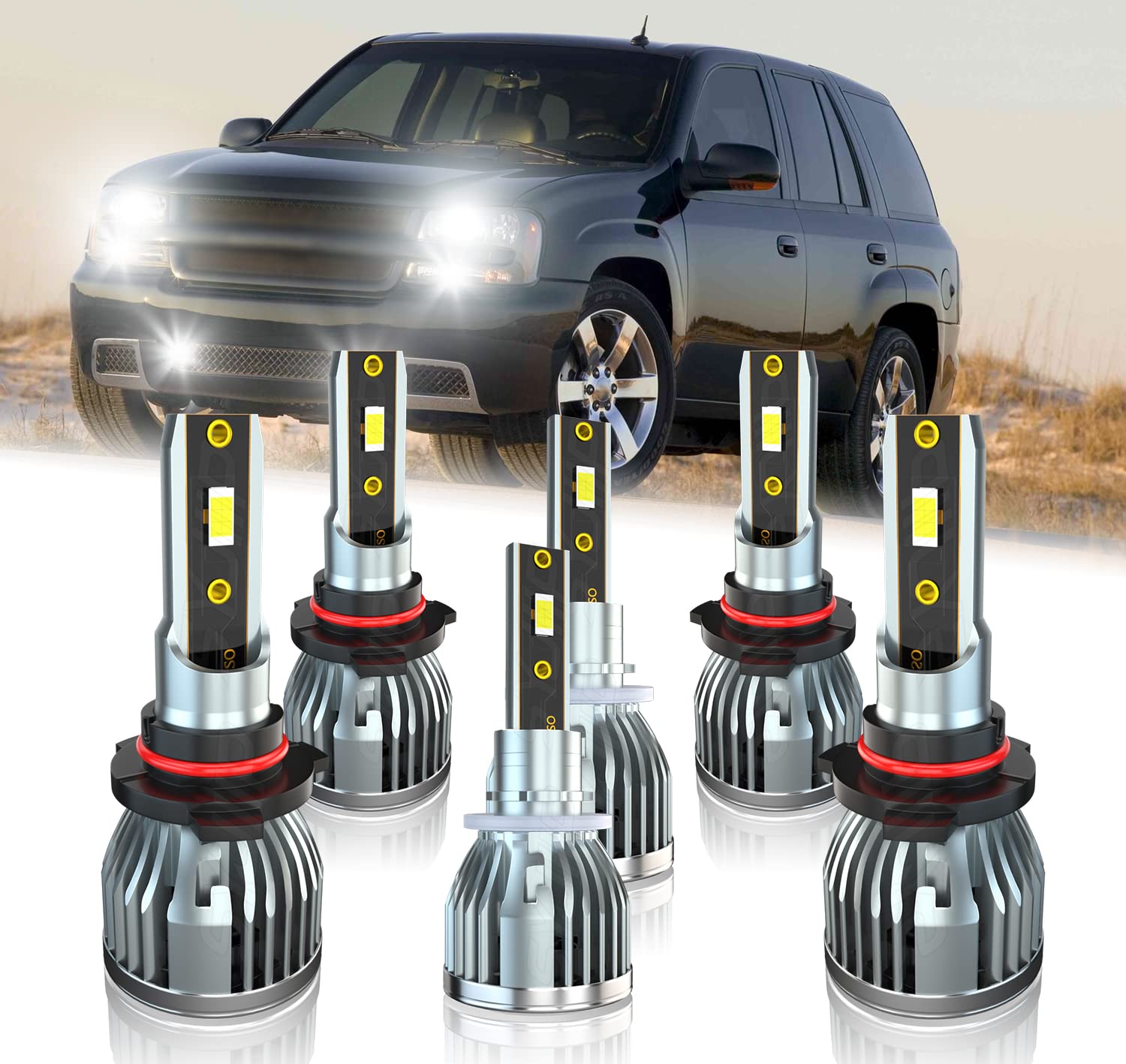 SYJIIP 9005 9006 LED Headlight Bulbs Conversion Kit - Compatible with 2002-2009 Chevy Trailblazer, High/Low Beam & 880 Fog Lights, Plug and Play, Pack of 6 - Perfect for Night Driving & Off-Road Adventures