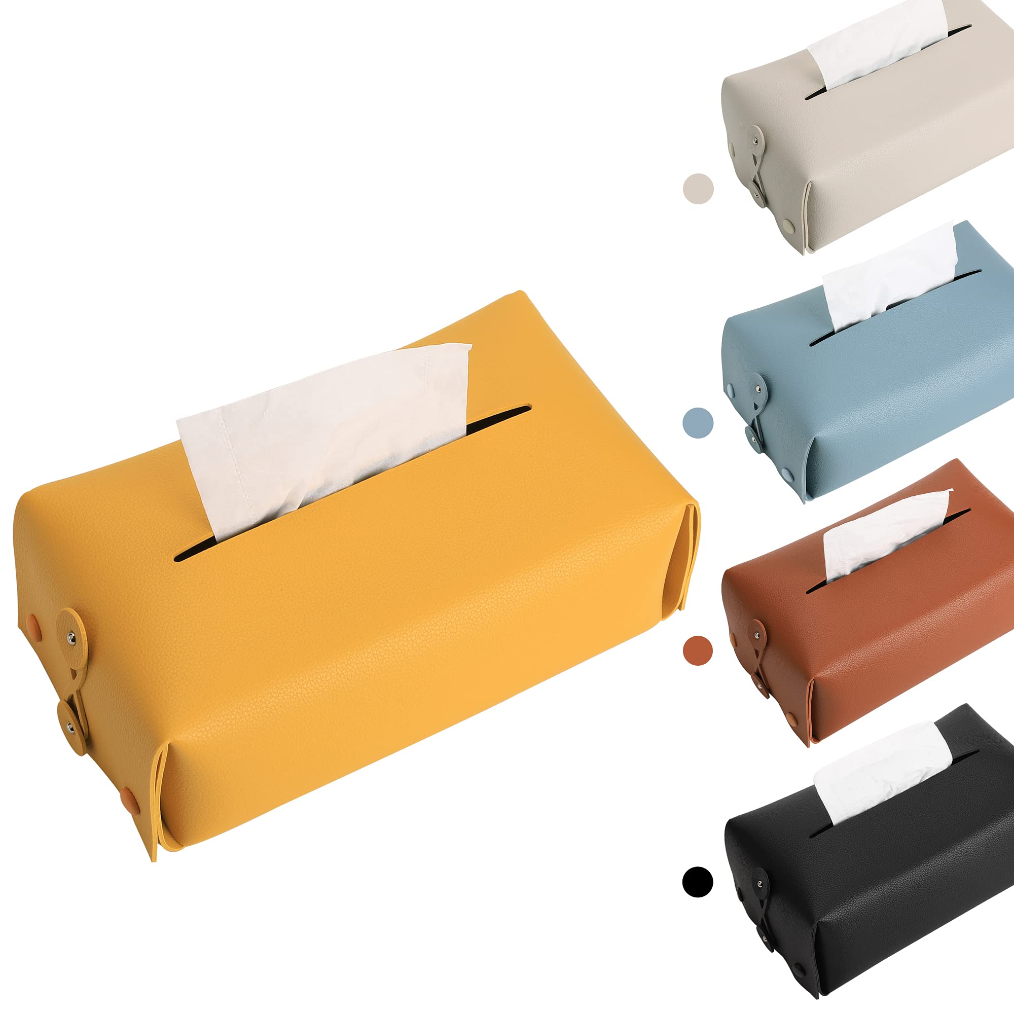 Premium Leather Tissue Box Cover - Rectangular Car & Home Tissue Holder for Bathroom, Bedroom, Office, Nightstand & Desk - Yellow Tissue Box Dispenser | Perfect for Luxury Décor & Gift Giving
