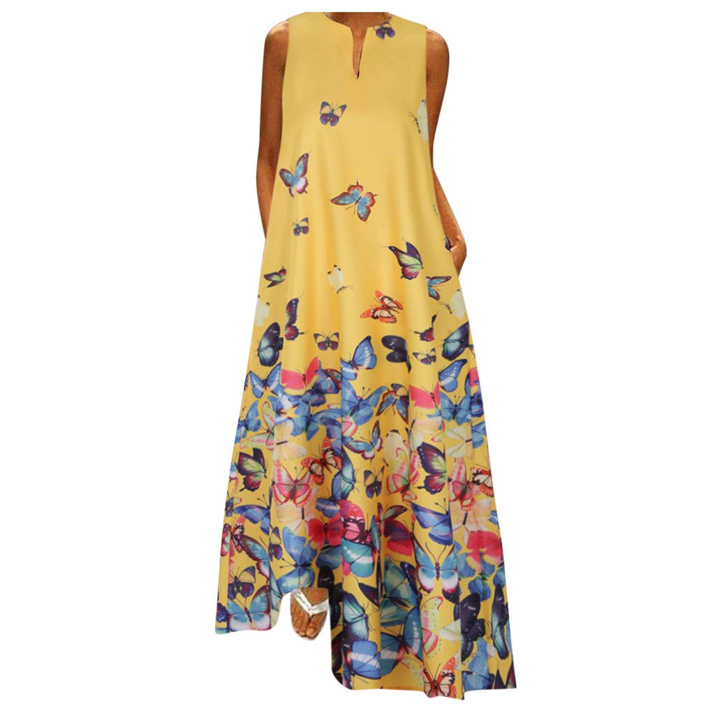 Women's Casual Summer Sleeveless V-Neck Butterfly Print Maxi Dress - Perfect for Beach, Party & Vacation Wear
