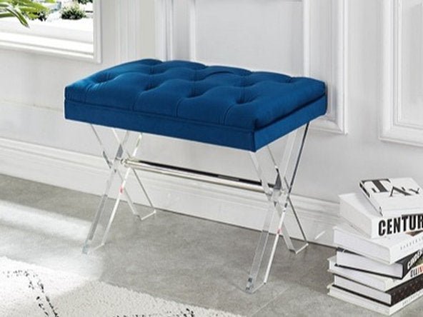 Blue Velvet Upholstered Bench with Clear Acrylic Legs - Stylish Seating for Living Room, Bedroom, or Entryway
