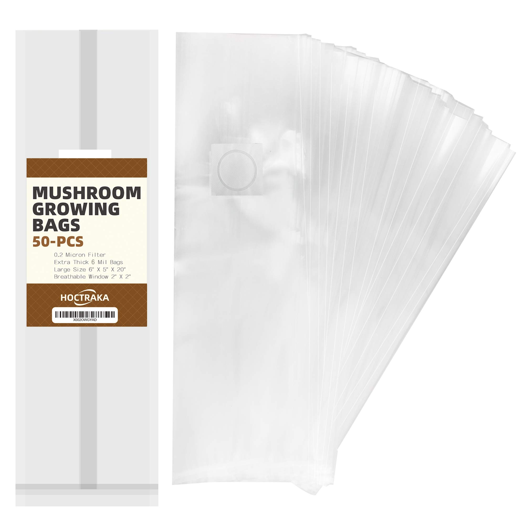 HOCTRAKA 50-Pack Extra Thick 3 Mil Mushroom Grow Bags with 0.2 Micron Filter - 6