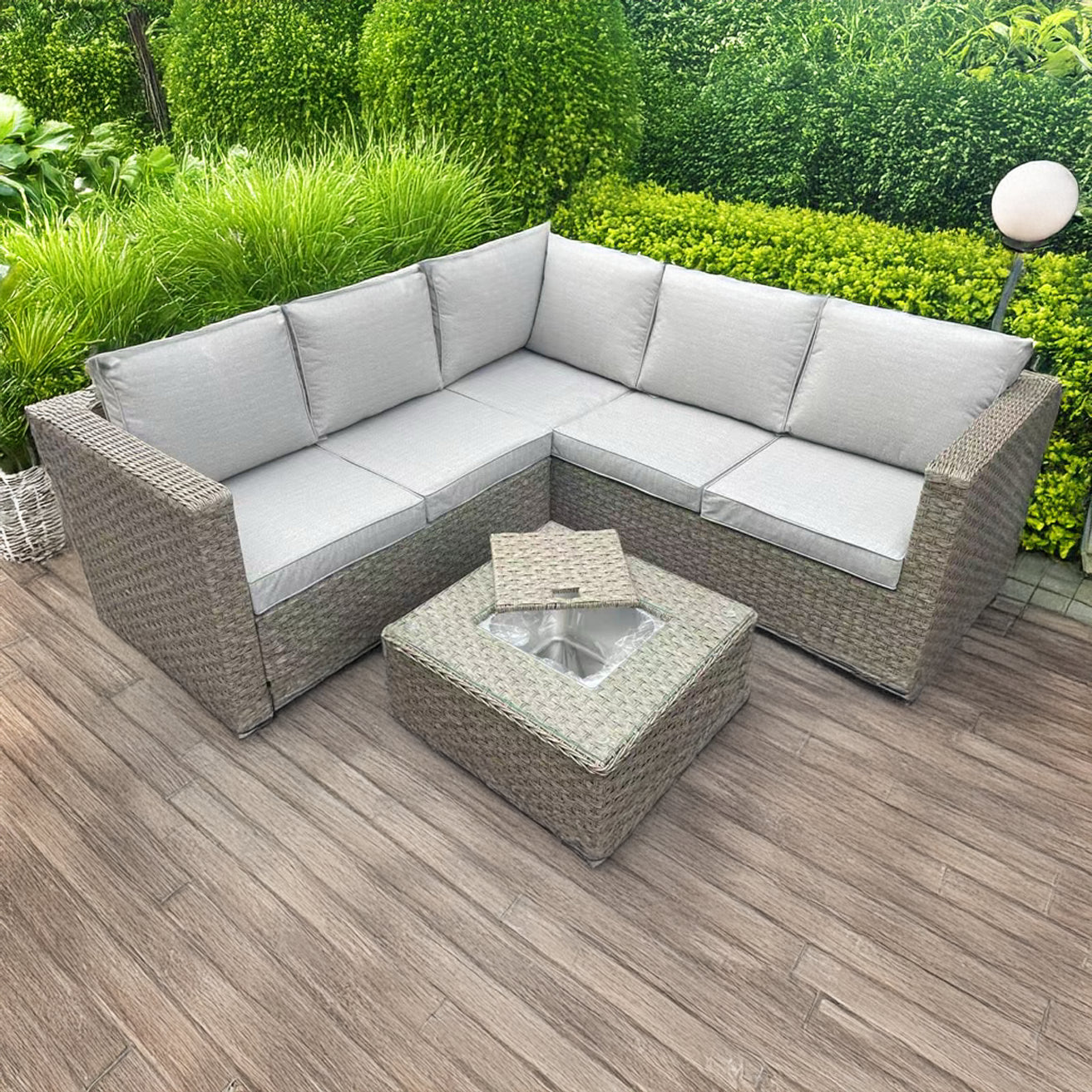 L-Shaped Brown Rattan Garden Sofa Set with Ice Bucket Table - Outdoor Patio Furniture for Backyard, Poolside & Garden Relaxation