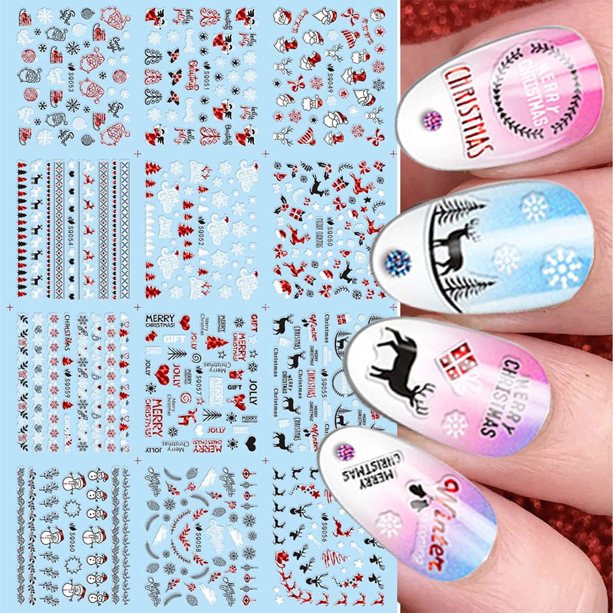 12 Sheets Christmas Snowflakes Nail Art Stickers - 3D Self-Adhesive Nail Decals with Santa, Snowflake & Elk Designs - Perfect for Women & Girls DIY Xmas Nail Decoration - Great for Holiday Parties, Gift Giving & Festive Nail Art