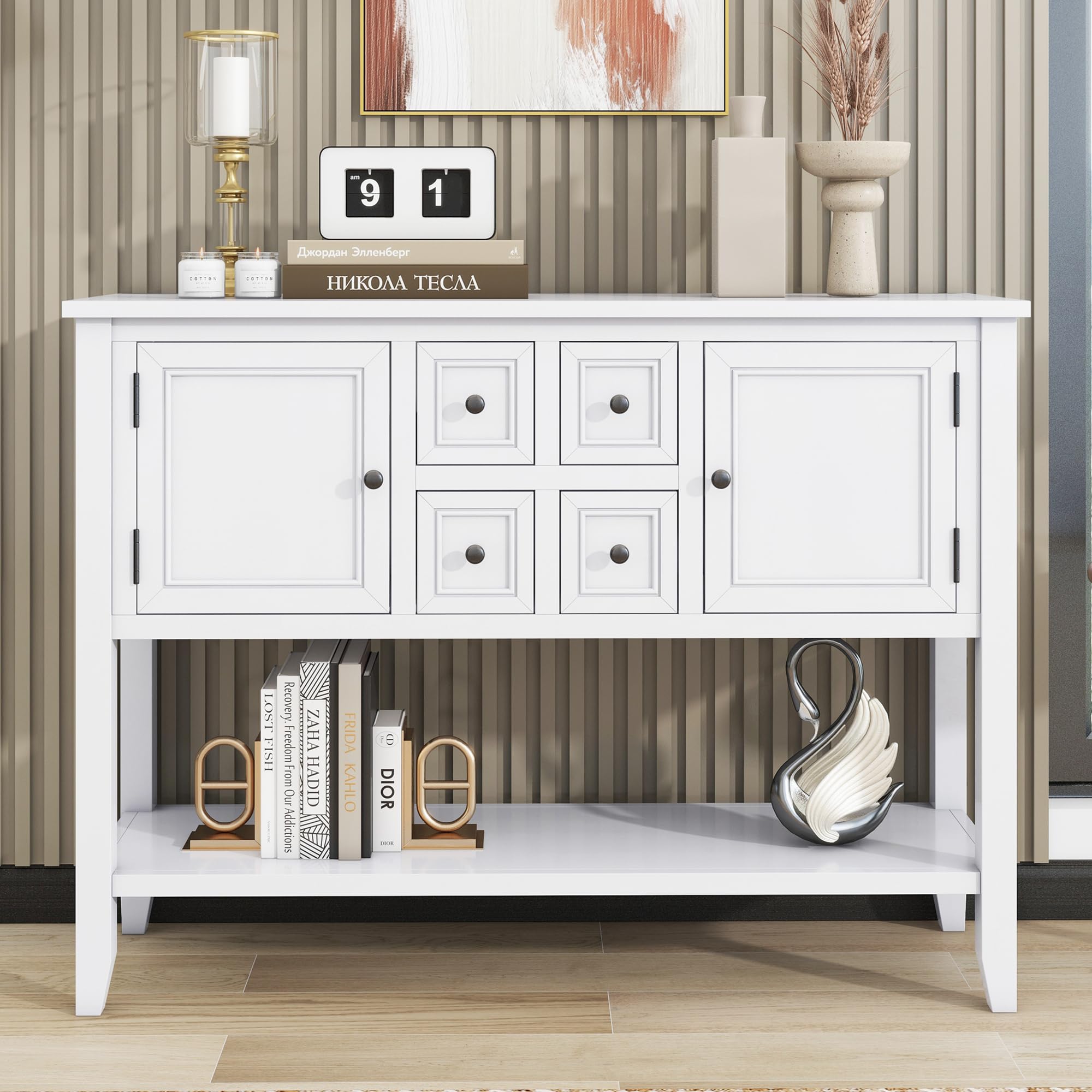 P PURLOVE White Buffet Table Sofa Table Console Table with Storage Drawers & Bottom Shelf - Elegant Entryway, Living Room, Dining Room Furniture for Home Decor