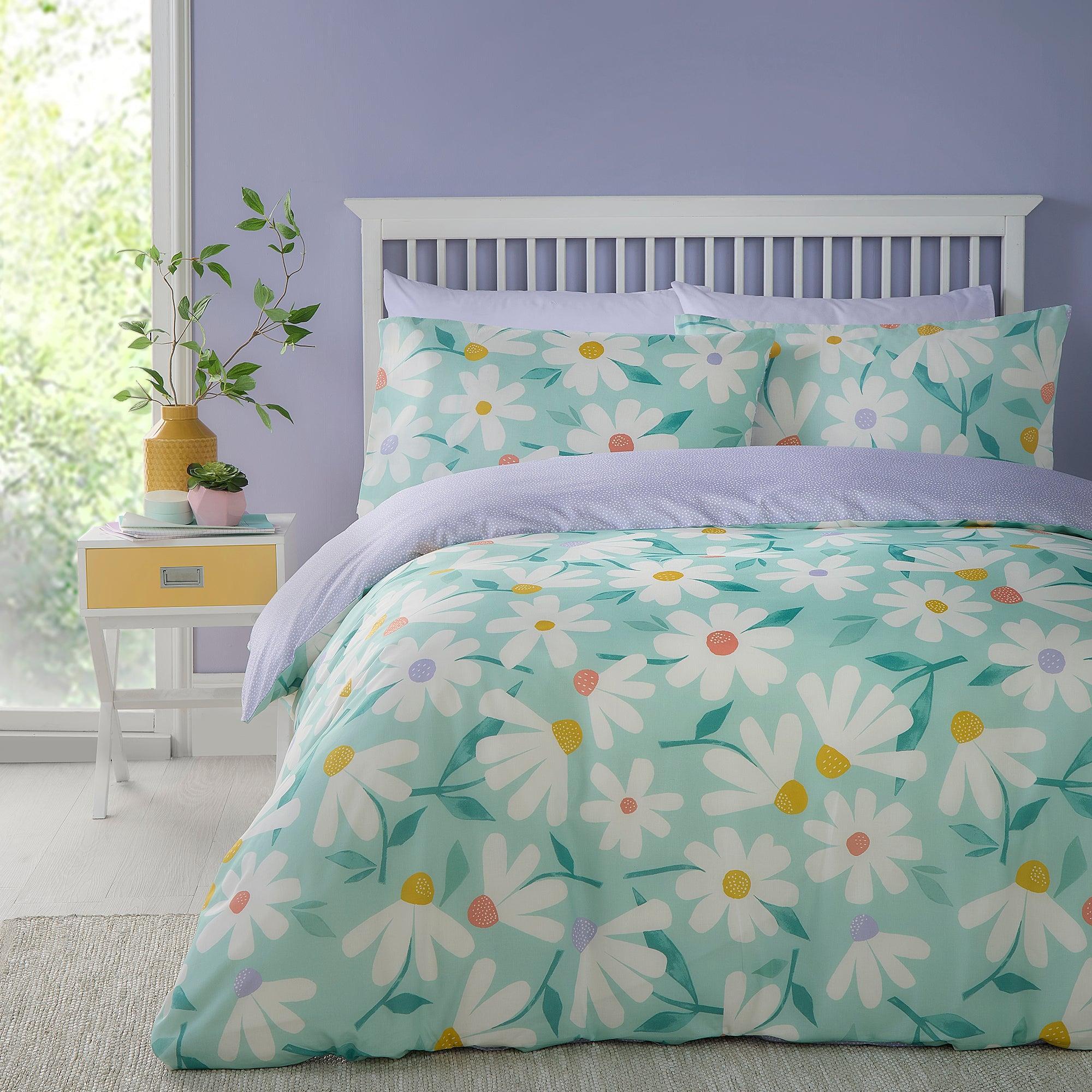 Fusion Daisy Duvet Cover Set - Queen Size, Duck Egg Blue Floral Pattern, 100% Cotton Soft Bedding Set for Cozy Bedroom Decor | Perfect for Master Bedroom, Guest Room & Vacation Homes