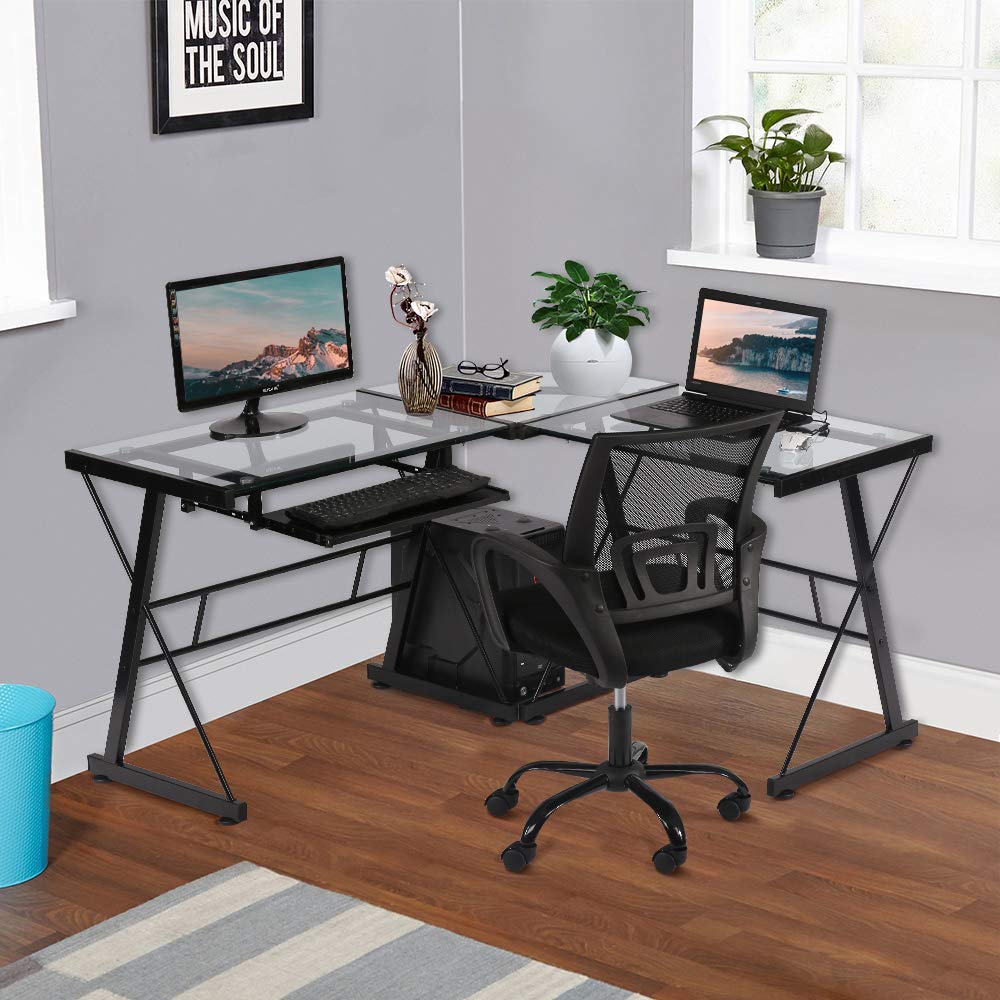 L-Shaped Computer Desk with Keyboard Tray - Corner Home Office Desk with Scratch-Resistant Glass Top for Study & Workstation | Perfect for Small Spaces, Gaming Setup & Modern Home Office