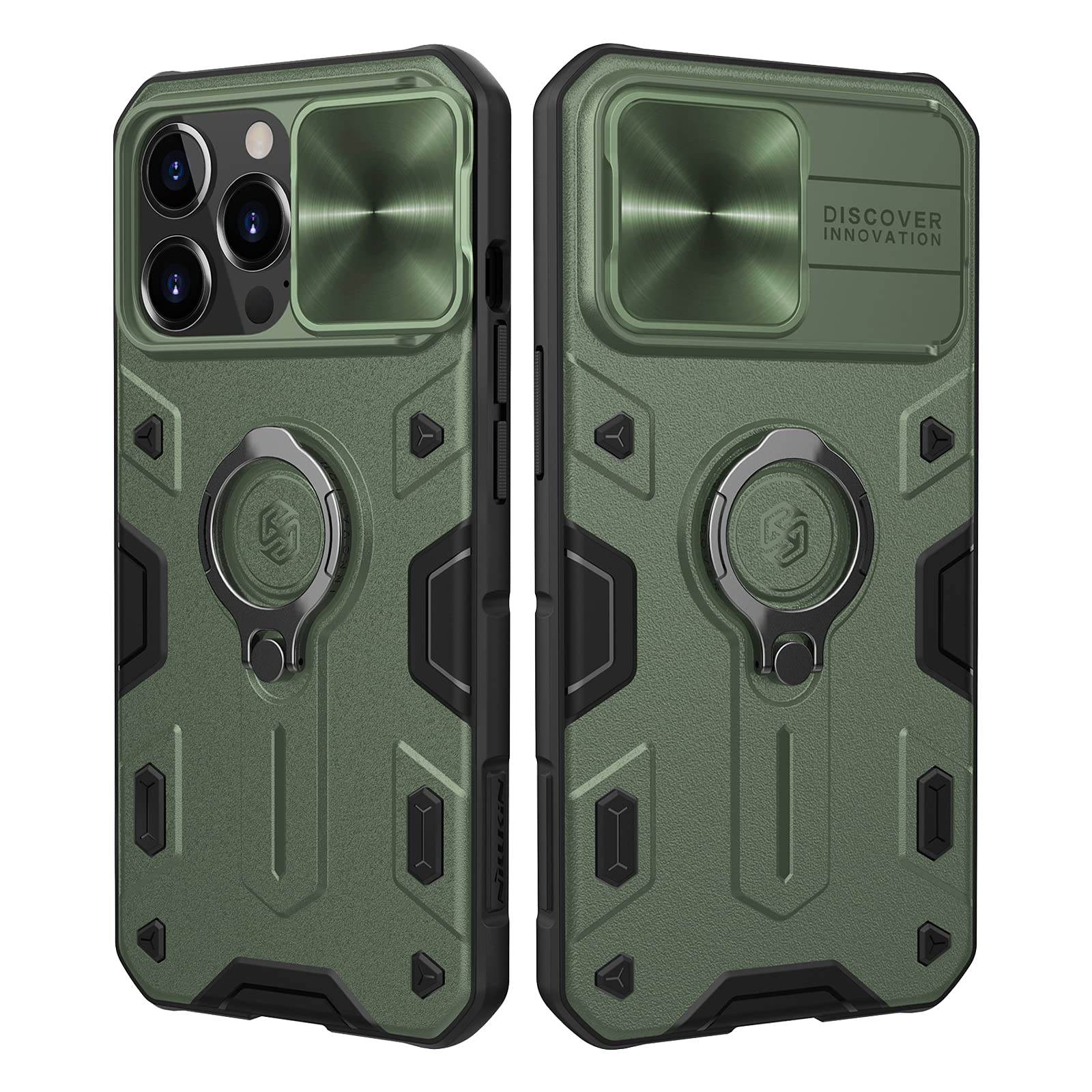 Nillkin CamShield Armor Case for iPhone 13 Pro - Military Grade Protection with Kickstand & Rotating Camera Cover | Slide Lens Cover & 360° Ring Stand | Durable Shockproof Phone Case for Men & Women (Green) - Perfect for Outdoor Adventures, Travel & Daily Use