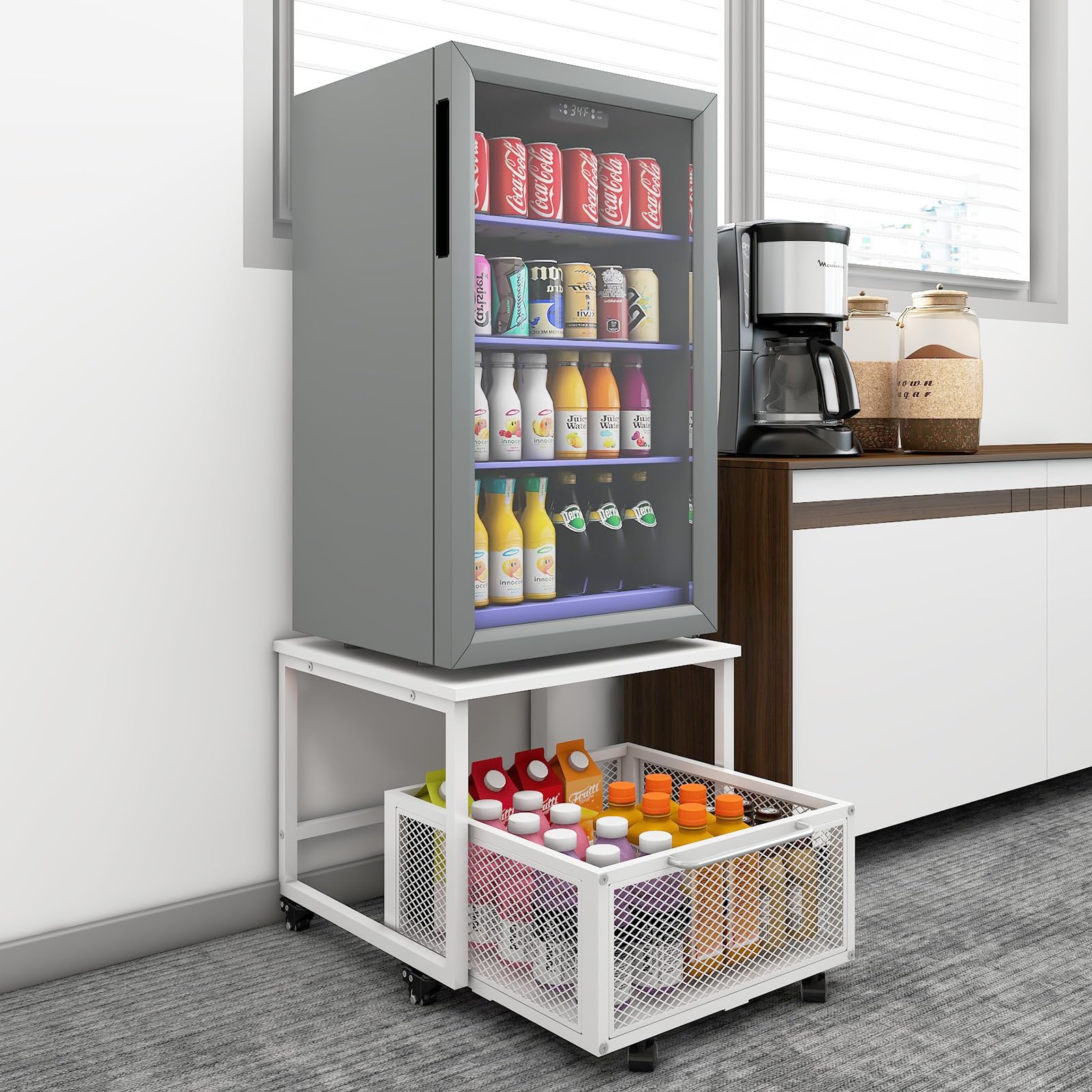 PUNCIA 19.7x19.7 Inch Rolling Fridge Stand with Storage Drawer - Mobile Beverage Cart for Compact Refrigerator, Mini Fridge Organizer - Perfect for Coffee Bars, Dorm Rooms, Home Office & Small Kitchen Spaces