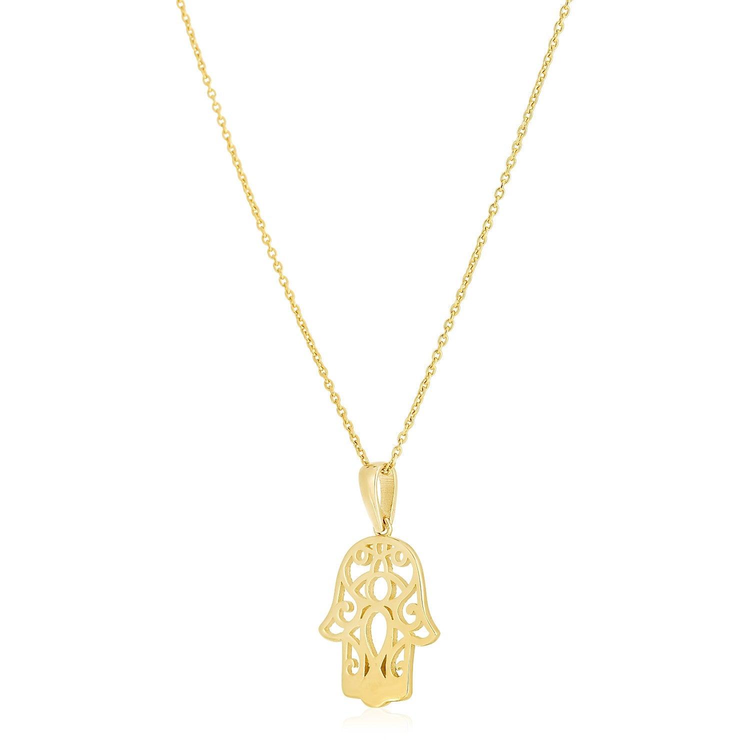 14K Yellow Gold High Polish Hamsa Amulet Necklace for Women - Elegant Hand of Fatima Pendant for Protection & Good Luck - Perfect for Gifts, Meditation, and Spiritual Jewelry Lovers