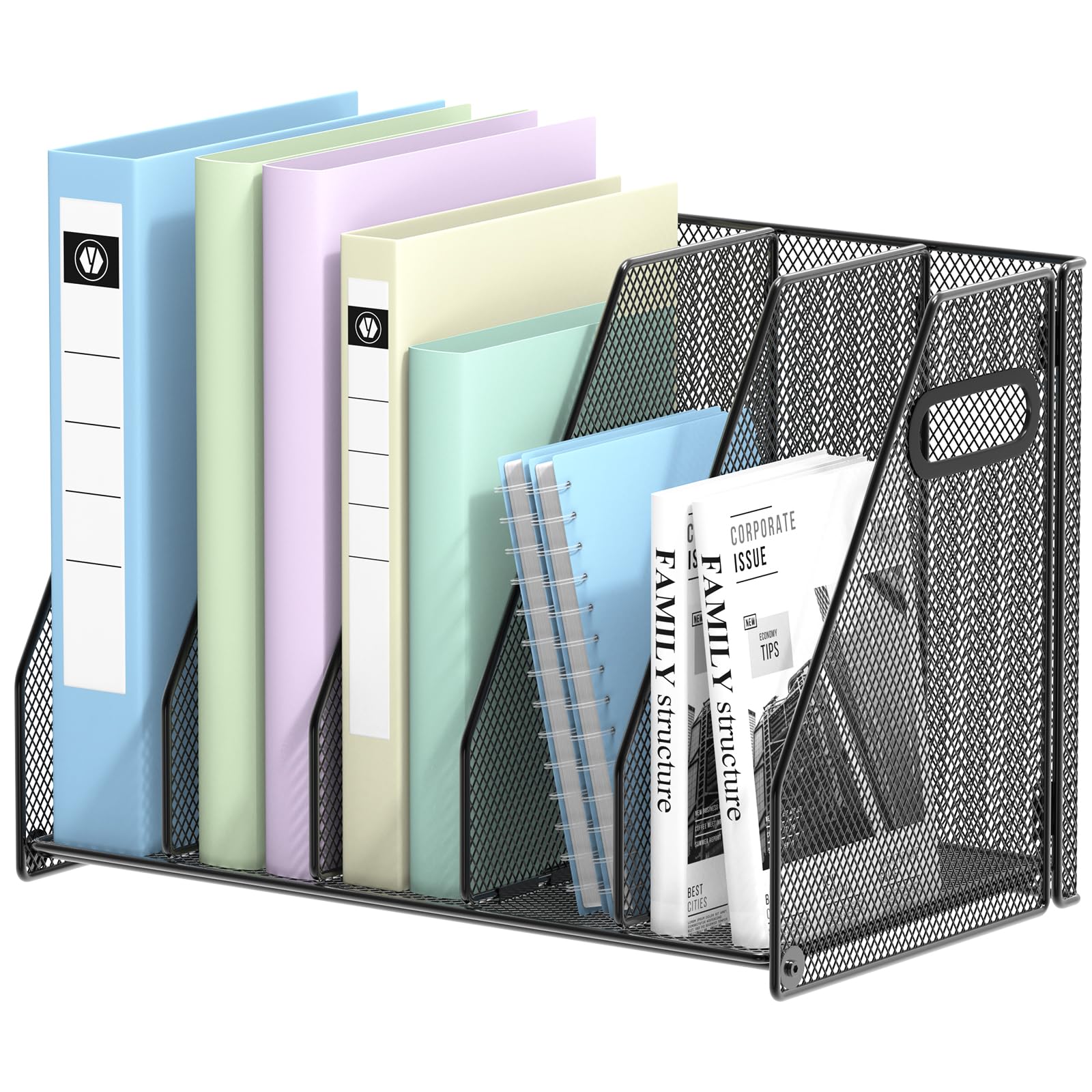 Metal Desk File Organizer with 5 Vertical Compartments - Magazine & Binder Holder for Office, Home & School - Black Desktop Organizer for Documents, Books and Office Supplies