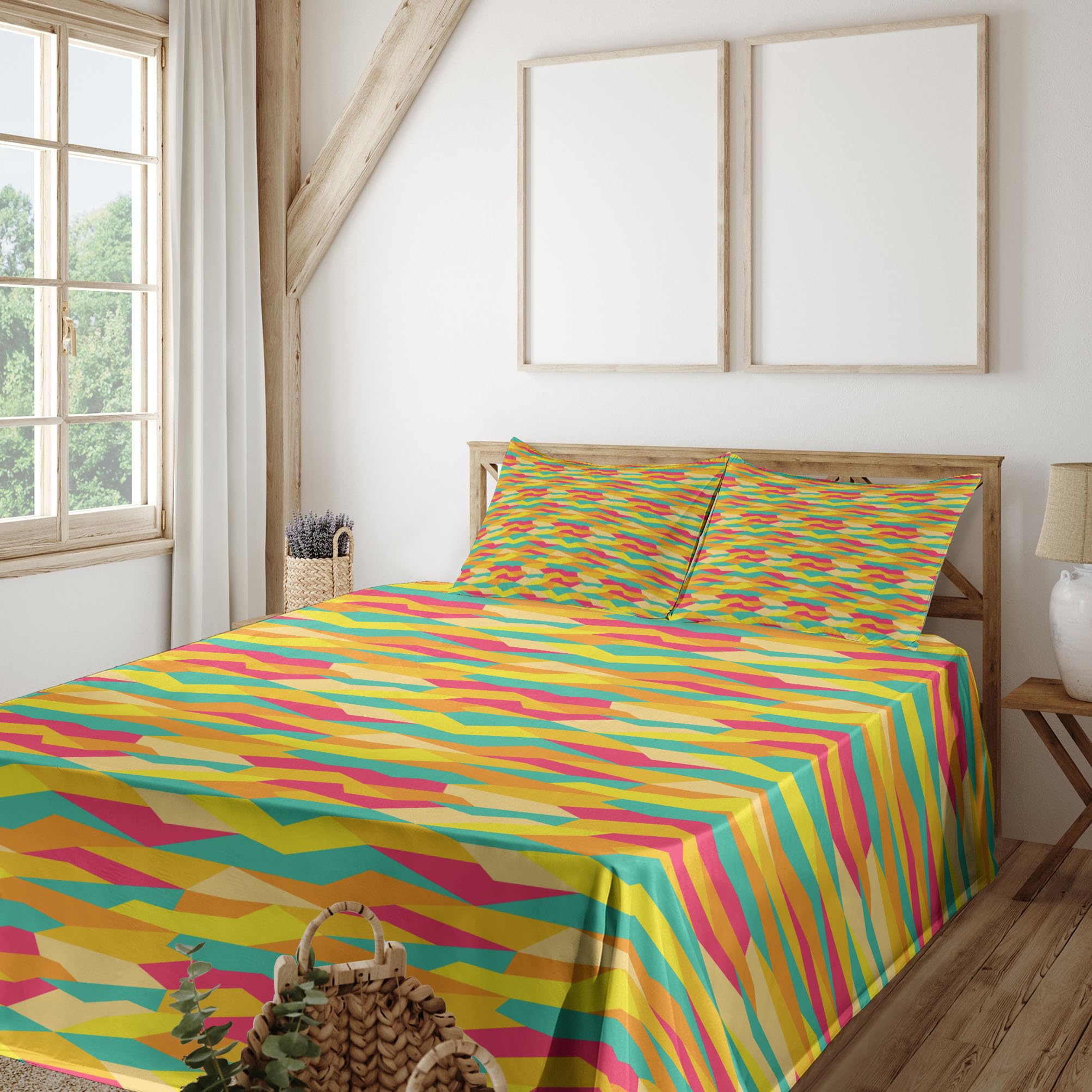 Ambesonne Geometric Bed Sheet Set 4-Piece - King Size, Jade Green & Marigold, Funky Prehistoric Tile Design, Fitted & Flat Sheets with Pillowcases | Modern Bedroom Decor, Guest Room Essentials, Unique Gift Idea