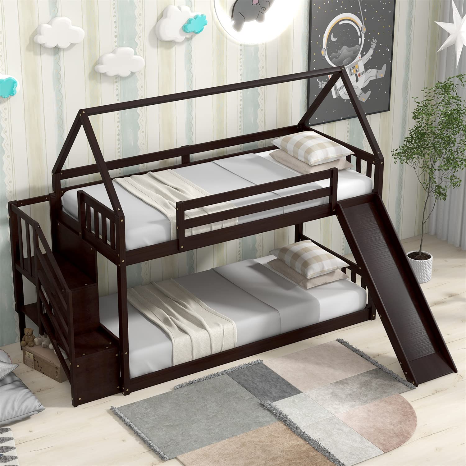 Twin Over Twin Wooden Bunk Bed with Slide, Storage Stairs, Guardrail & Roof - Safe Kids Bunk Bed for Boys and Girls in Espresso Finish | Perfect for Small Bedrooms, Shared Kids Rooms, and Vacation Homes