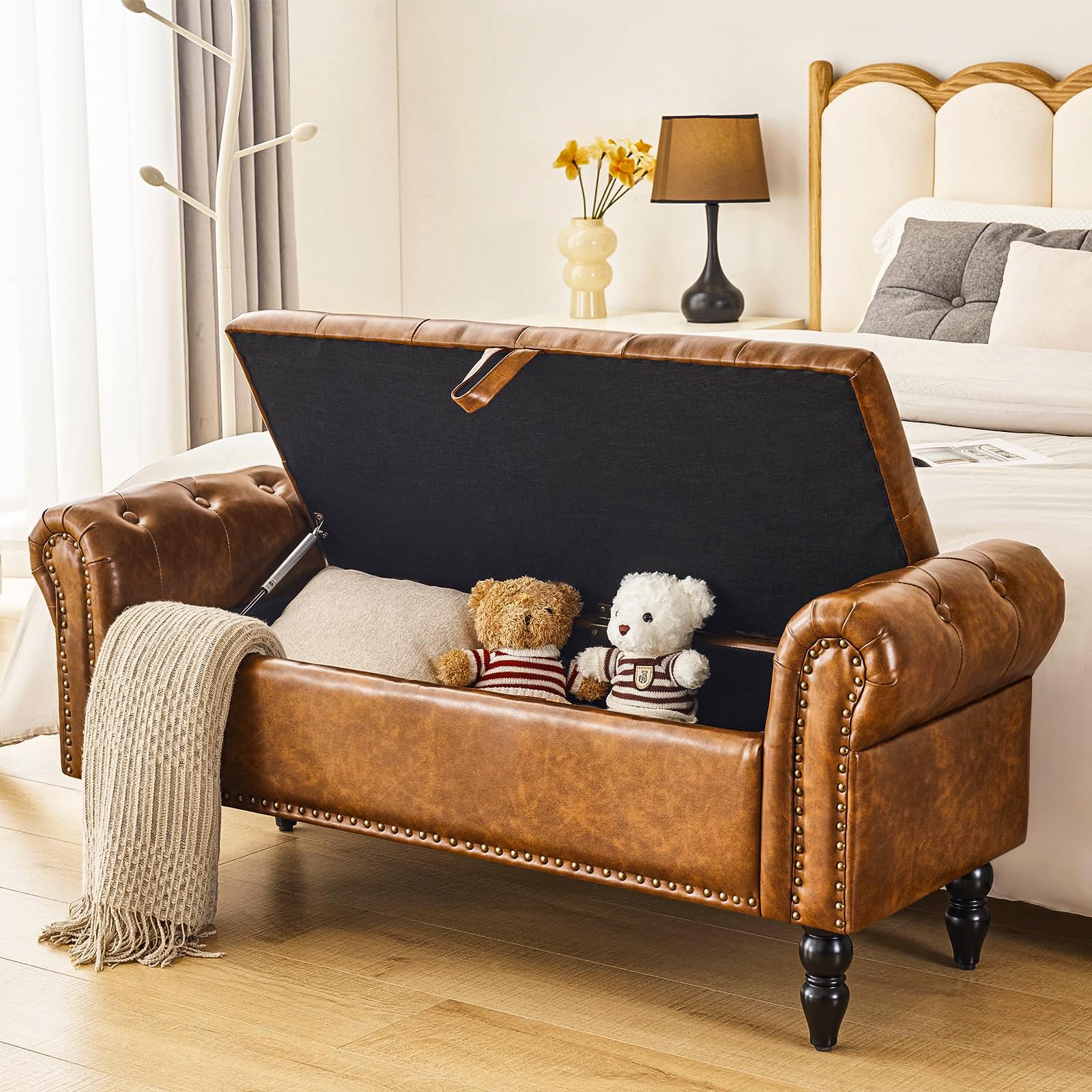 Furnimart Faux Leather Storage Ottoman Bench - Upholstered Bedroom Bench with Rolled Arms, 2.5 Cubic Feet Storage Space - Perfect for End of Bed, Living Room, Entryway & Hallway Organization
