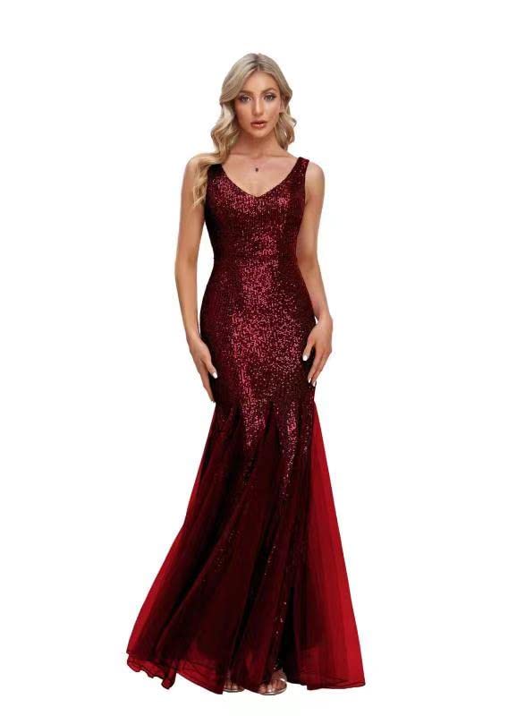 Elegant Women's Double V Neck Long Sequined Mermaid Dress for Formal Events, Bridesmaid Gowns & Party Wear - Perfect for Weddings, Proms, Evening Galas and Special Occasions