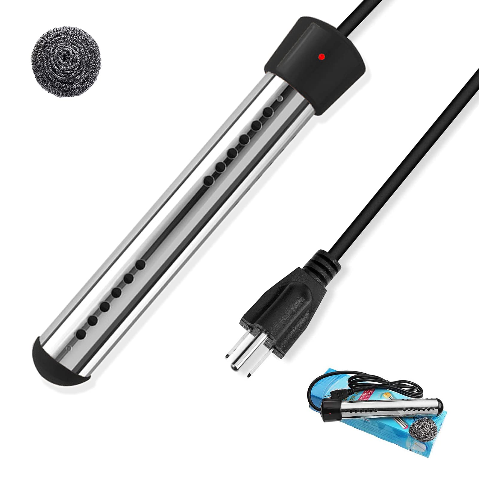 1500W Portable Immersion Water Heater with 304 Stainless Steel Guard - Electric Bucket Heater for Travel, Camping, Hot Tubs & Mini Inflatable Pools - Fast Heating for Coffee, Tea, Soup & Outdoor Bathing (Black)