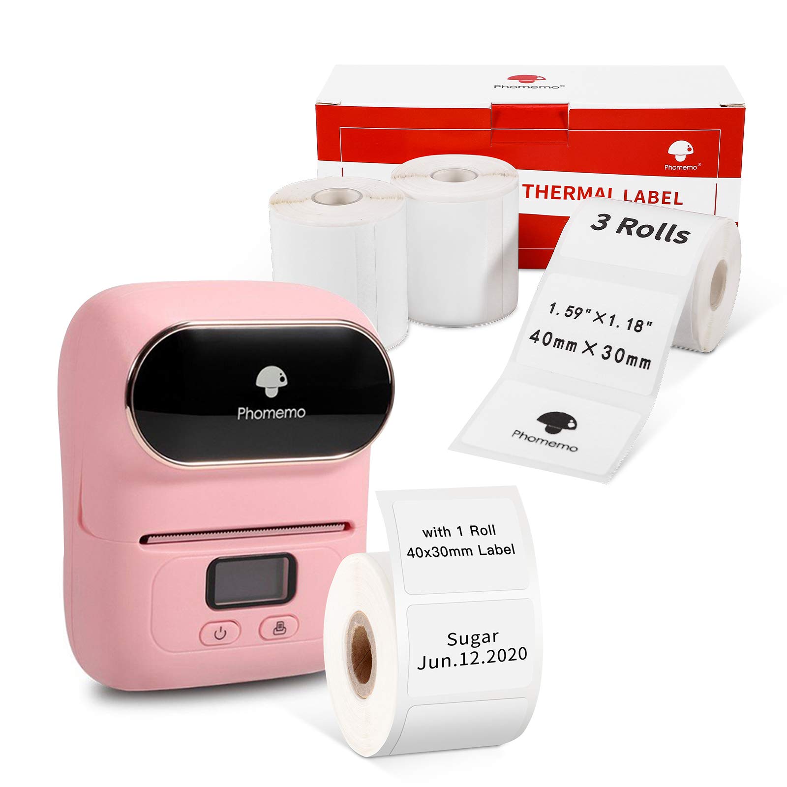 Phomemo M110S Thermal Label Printer - 3 Rolls 40x30mm Sticker Labels for Business Barcodes, Shipping, Inventory & Organization | Wireless Bluetooth Compatible with Android iOS | Pink Portable Label Maker for Retail Stores, Craft Rooms & Home Office Use