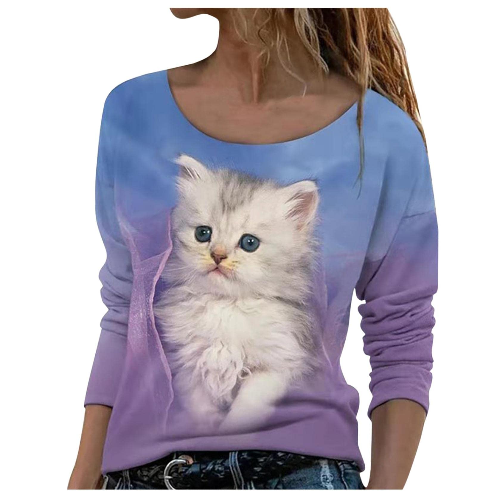 Women's Casual Long Sleeve Cat Print Tunic Top - Cute Crewneck Pullover Blouse for Fall | Perfect for Work, Weekend Outfits & Autumn Layering