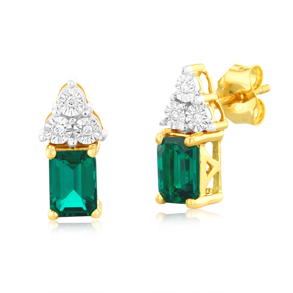 9ct Yellow Gold 6mm Lab-Created Emerald & Diamond Stud Earrings - Elegant Gift for Women, Perfect for Weddings & Special Occasions