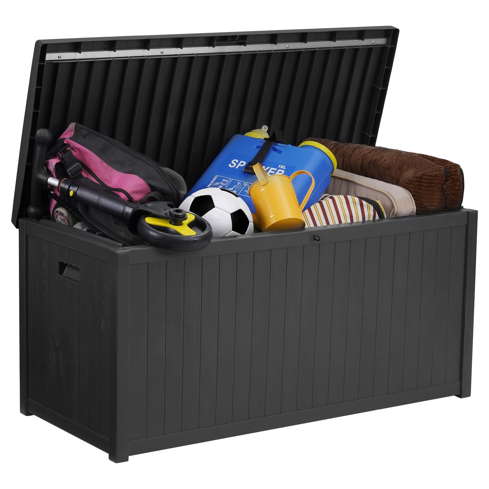 **Qily 114 Gallon Outdoor Storage Box - Waterproof Resin Deck Box with Lockable Lid, Large Garden & Patio Storage Bench for Cushions, Pool Toys, Balls & Tools - Easy Assembly (Black) - Perfect for Backyard, Deck & Poolside Organization**
