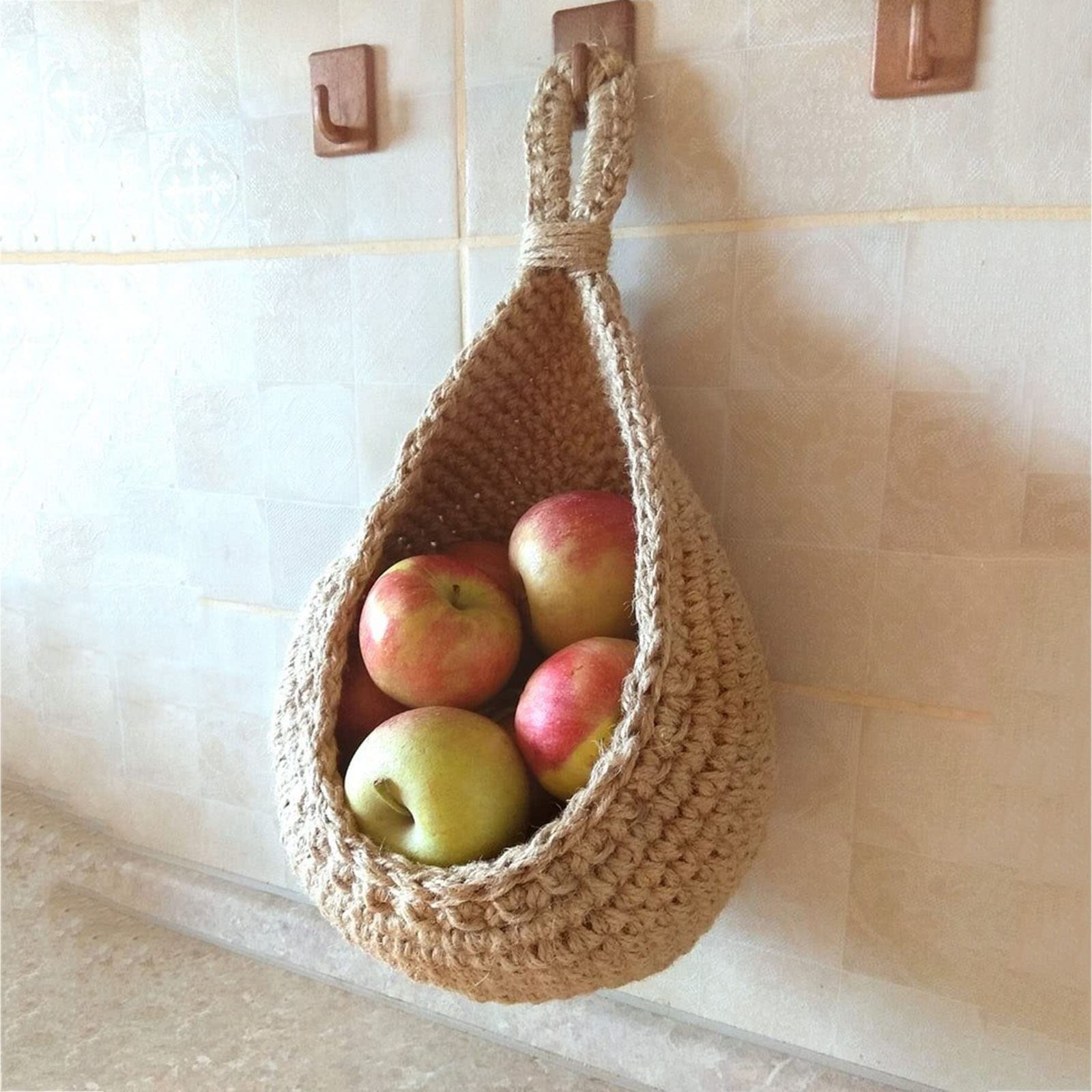Eco-Friendly Jute Teardrop Hanging Wall Basket - Bohemian Handwoven Storage for Fruits, Vegetables & Plants - Perfect for Kitchen, Home Decor & Wall Organization (Large Size)