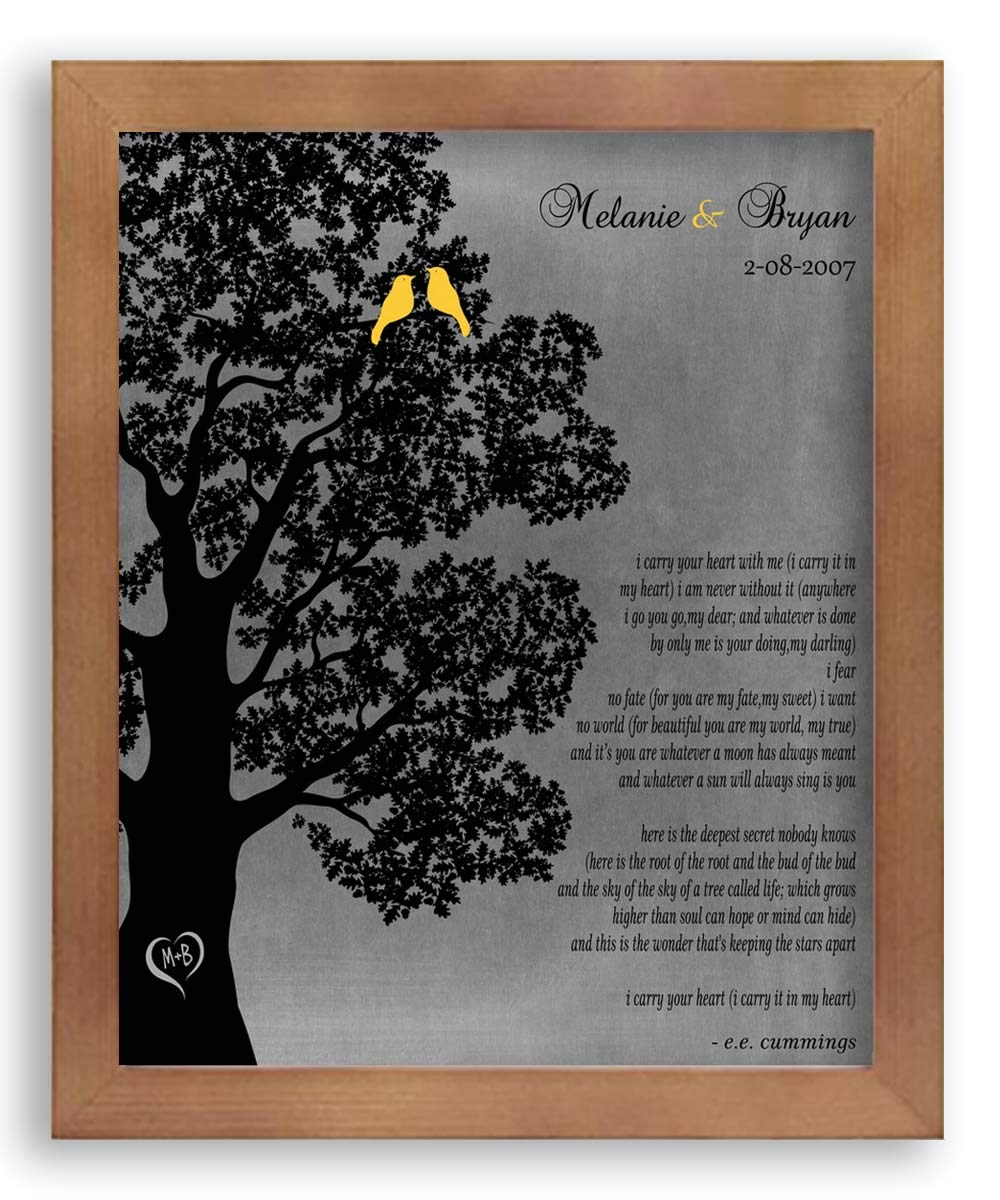 8X10 Personalized Framed Art Print - Handcrafted Love Gift with Tree, 2 Birds & Heart Poem - Solid Wood Frame & Gift Wrapping - Perfect for Anniversaries, Weddings & Romantic Home Decor (BGM-1037)