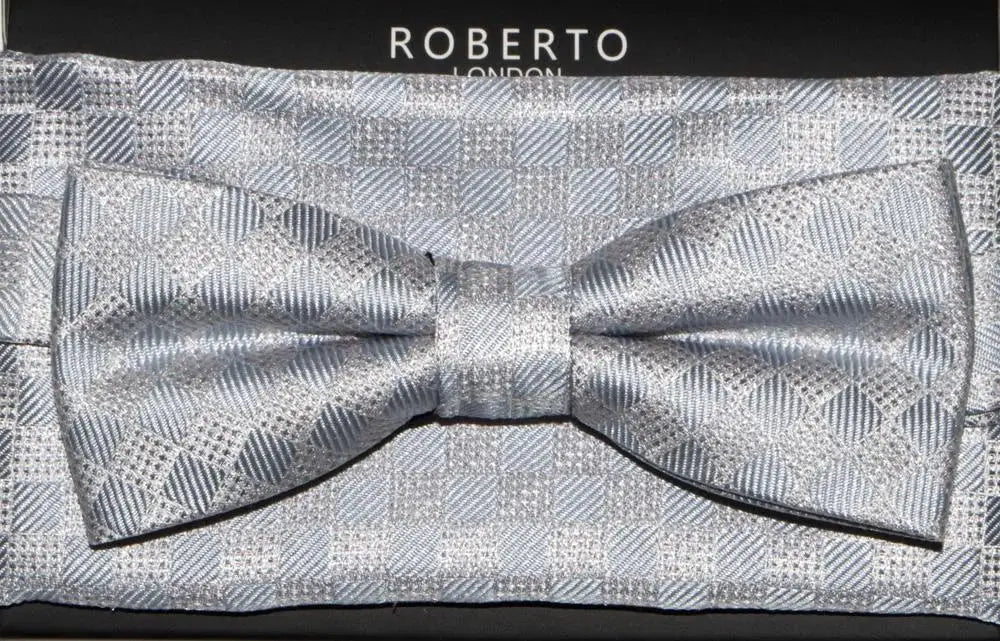 LA Smith Silver Silk Slim Bow Tie & Pocket Square Set - Elegant Formal Wear for Weddings, Prom & Special Occasions